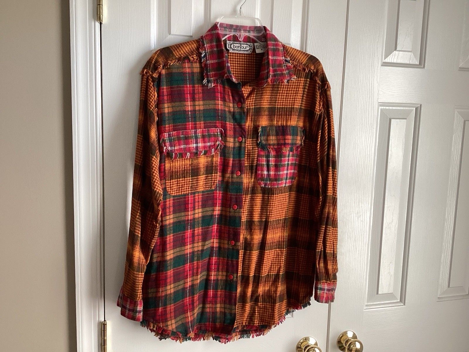 VINTAGE Bonjour Plaid Flannel Shirt Distressed ALL Cotton RETRO Sz Medium -EUC