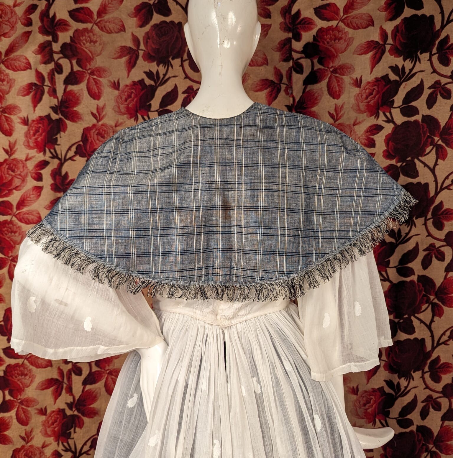 MID 19TH C BLUE GREY PLAID PELERTINE CAPE FOR DRESS W SILK FRINGE TRIM