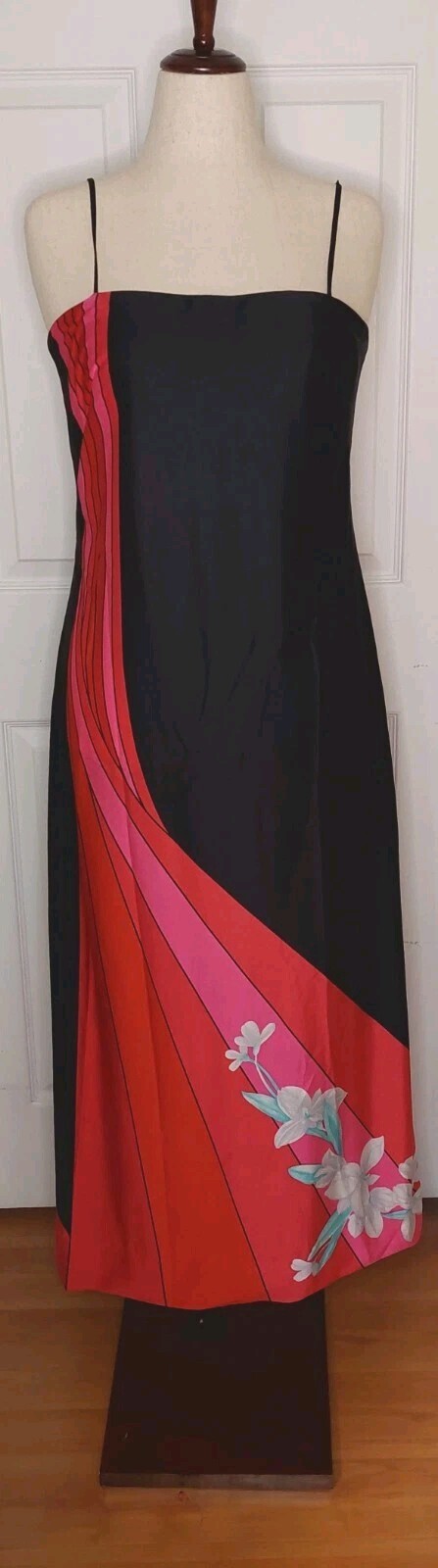 VTG 70’s Malama Sophisticates Hawaii Maxi Spaghetti Strap Dress Sz 14 Black/Red