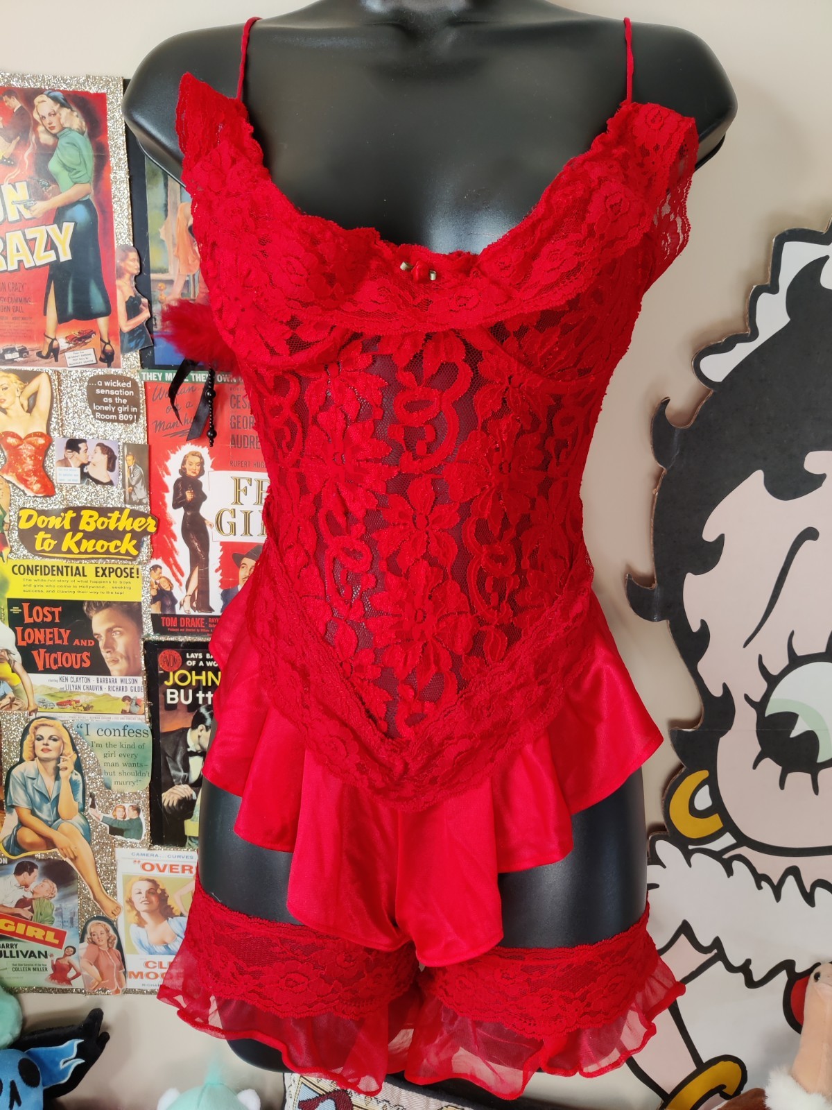Vtg 70’s 80’s Sheer Red Lacey High Leg Teddy Garters Lingerie Rock N Roll Glam