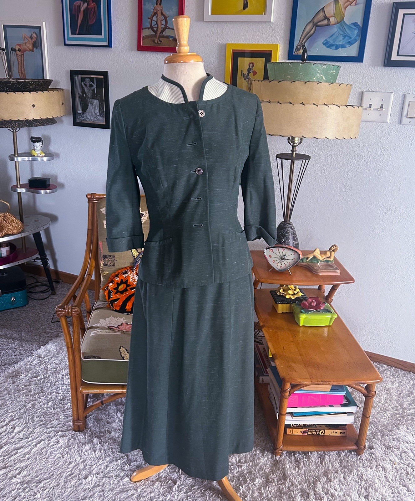 Vintage 1940s Suit Set | 1950s | Jacket | Skirt | Green | S M | 40s | 50s