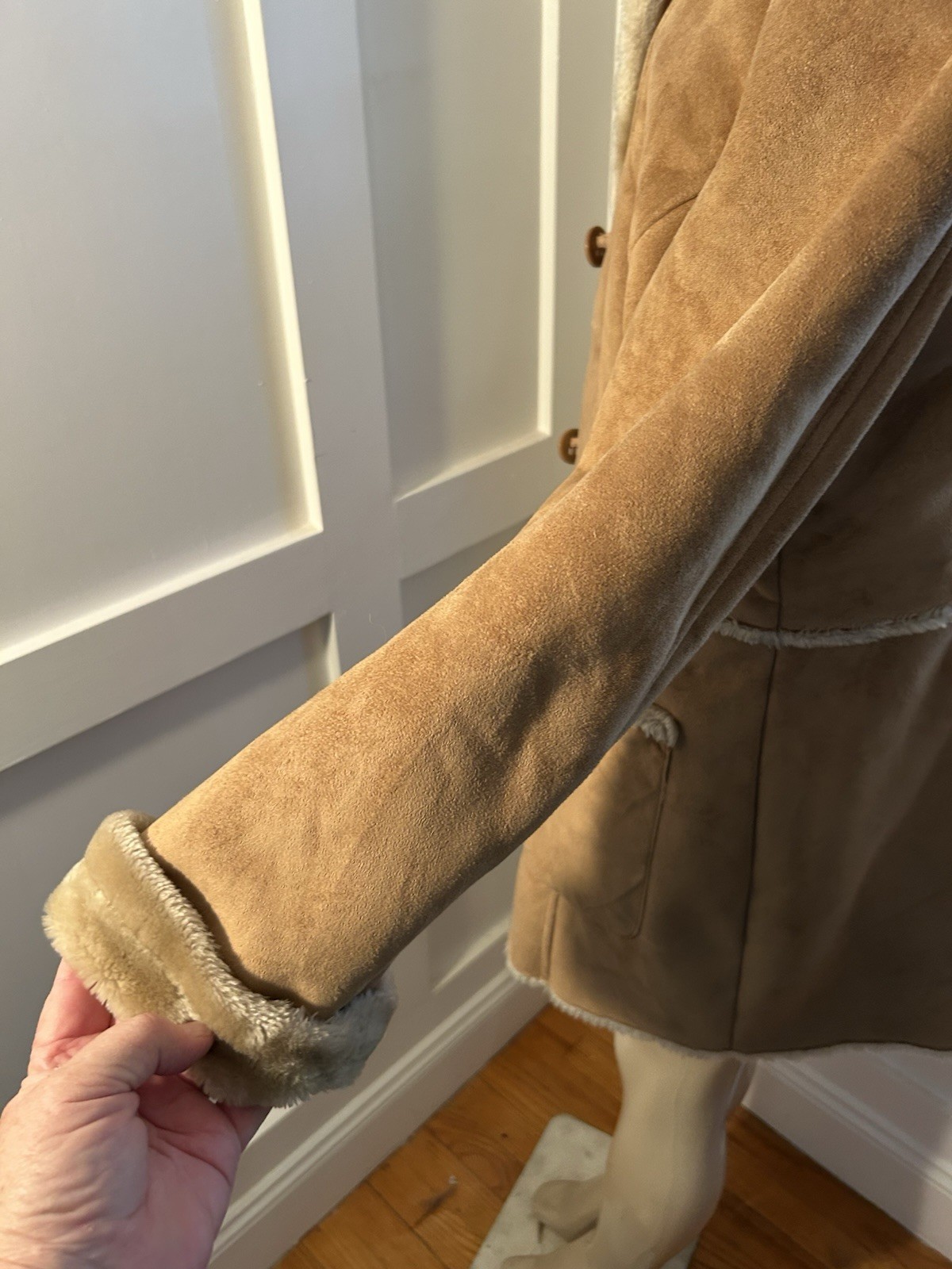 Vtg Jones New York XL Tan Brown Faux Fur Suede Coat Jacket Pennylane Hooded
