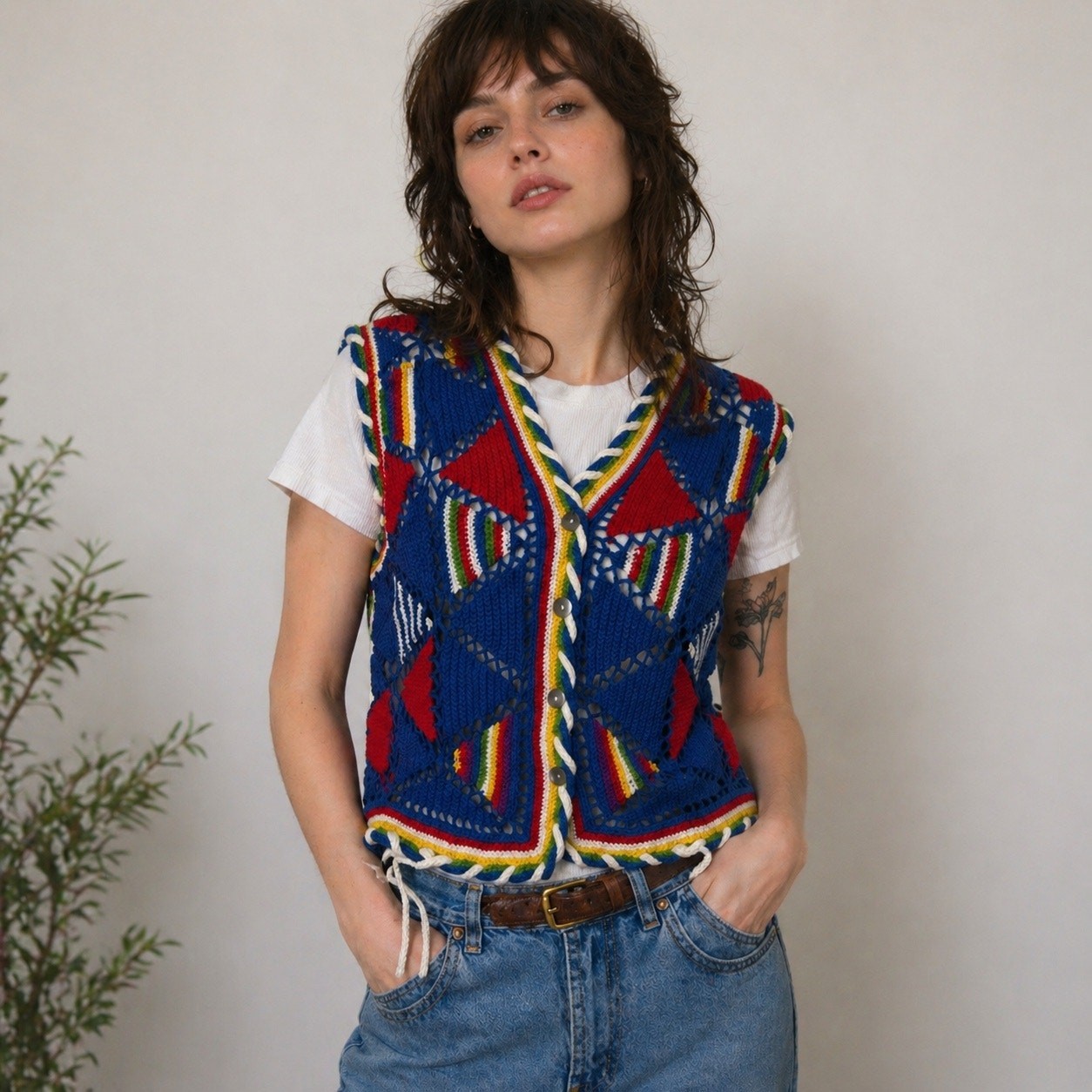 Vintage 90s Carol Little Primary Color Knit Vest Petite Cotton Blend S