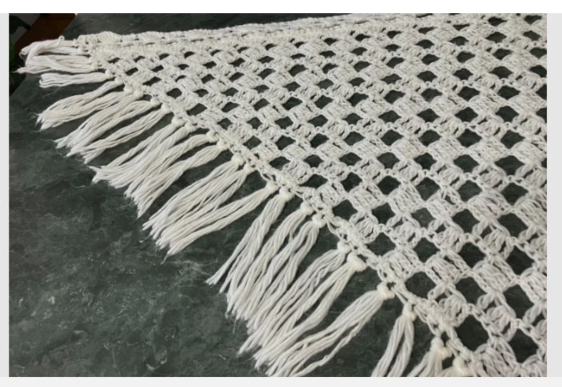 Vintage Hand Made Boho Open Weave Crochet Fringed Shawl Wrap Kimono Oversized