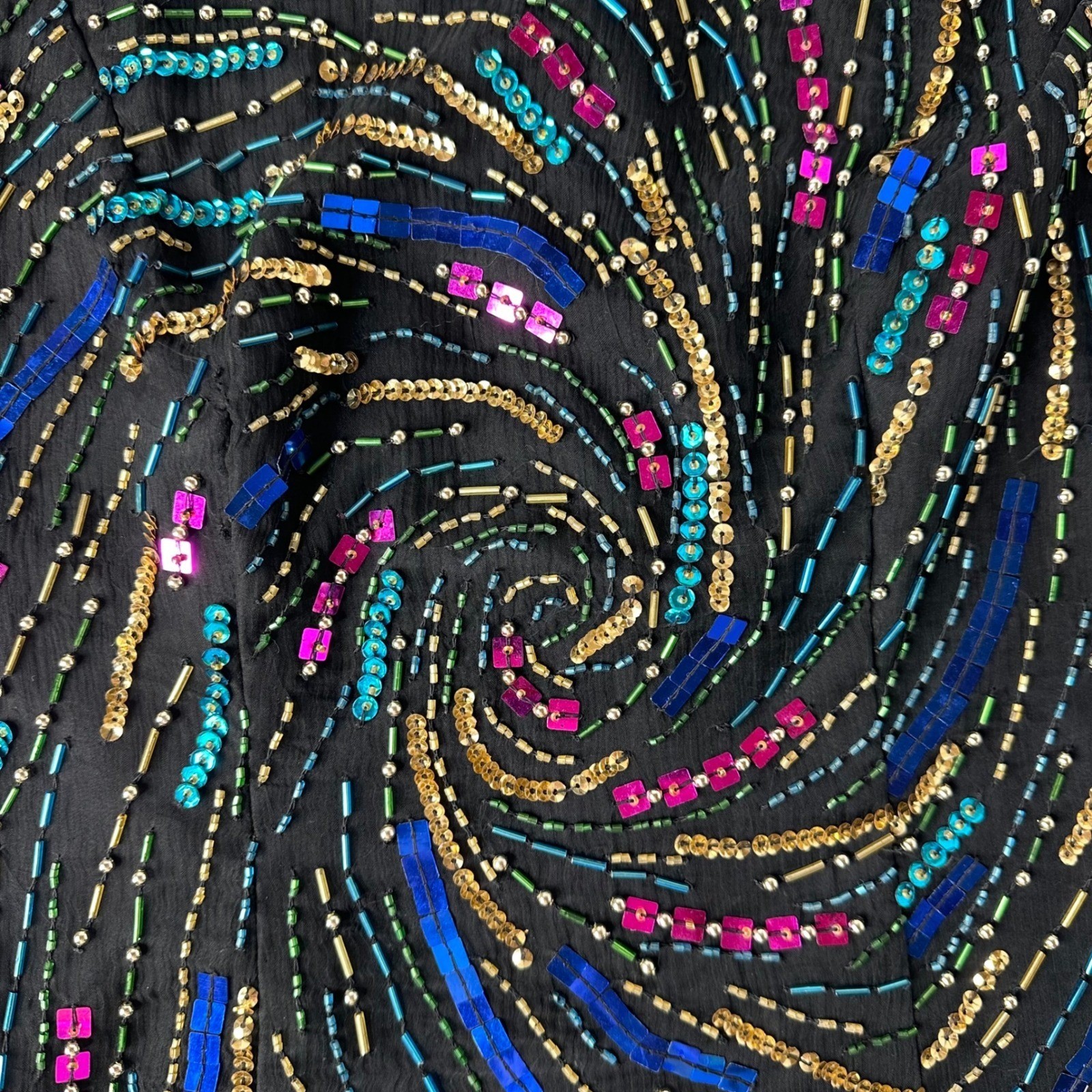 Laurence Kazar Black Silk Beaded Sequin Swirl Sleeveless Top Vintage Glam Sz M