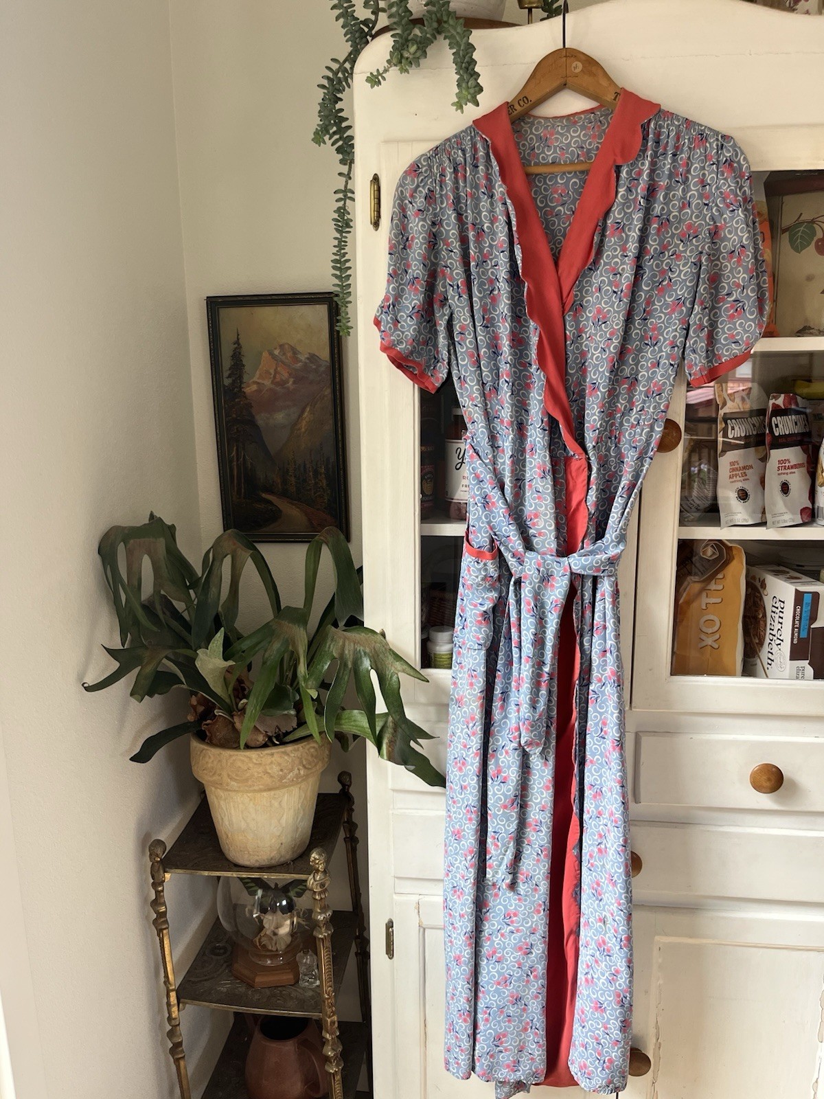 Vintage 40s Art Deco Rayon Floral Tulip Periwinkle Coral Scallop Maxi Wrap Dress