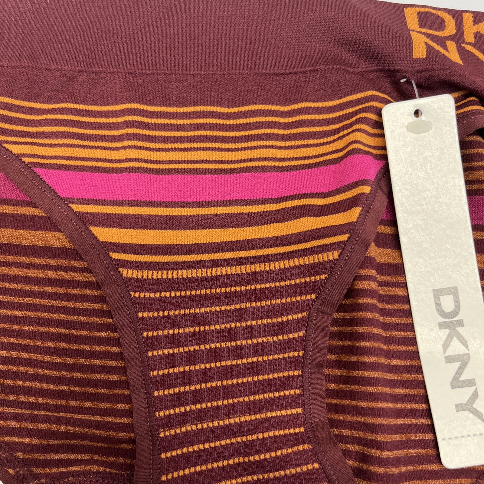 Vtg 2008 DKNY Low Rise No Line Striped Bikini Panty Womens Sz M Burgundy &Gold