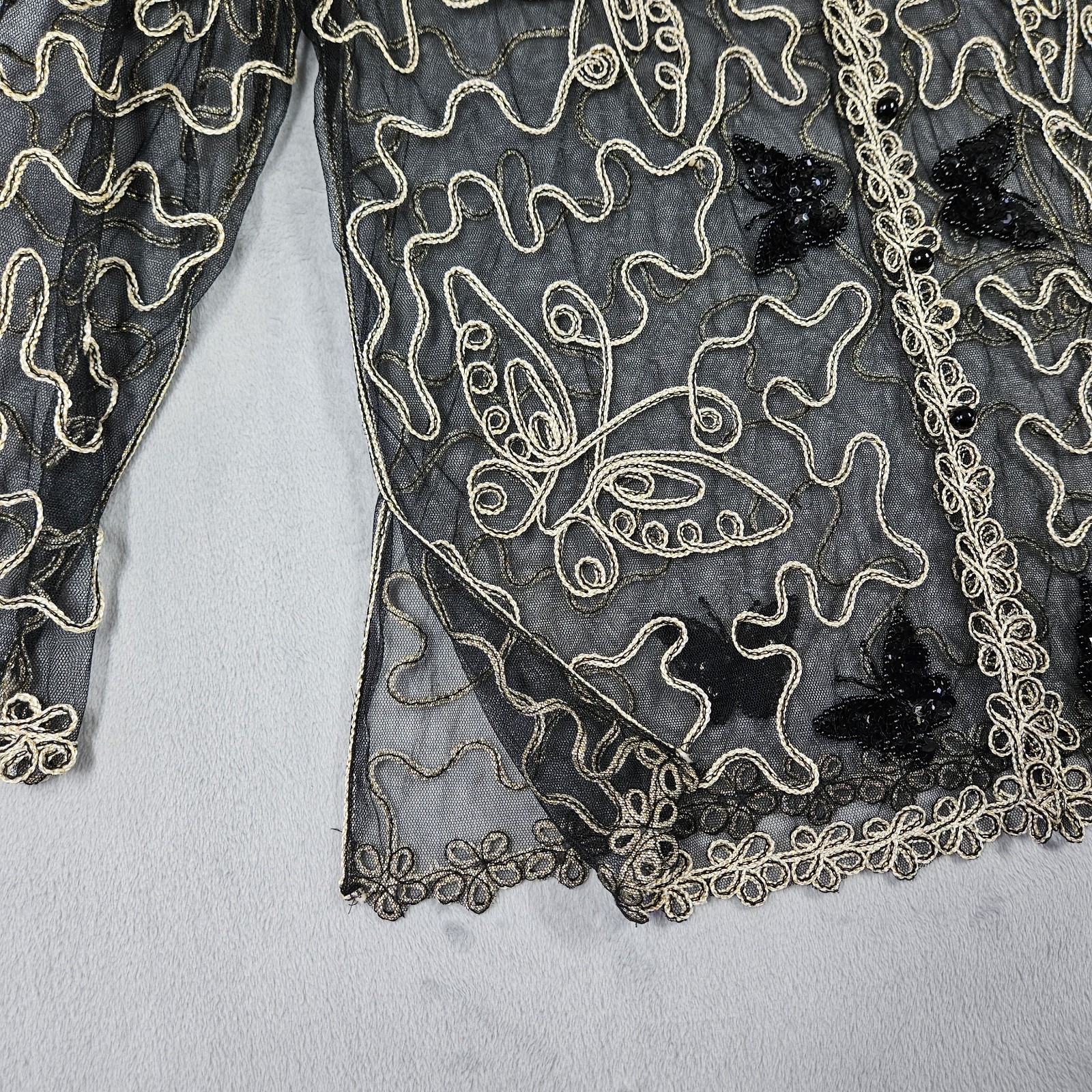 VTG Womens Butterfly 3D Embroidered Sheer Mesh Cardigan Shirt Black Gold No Tag