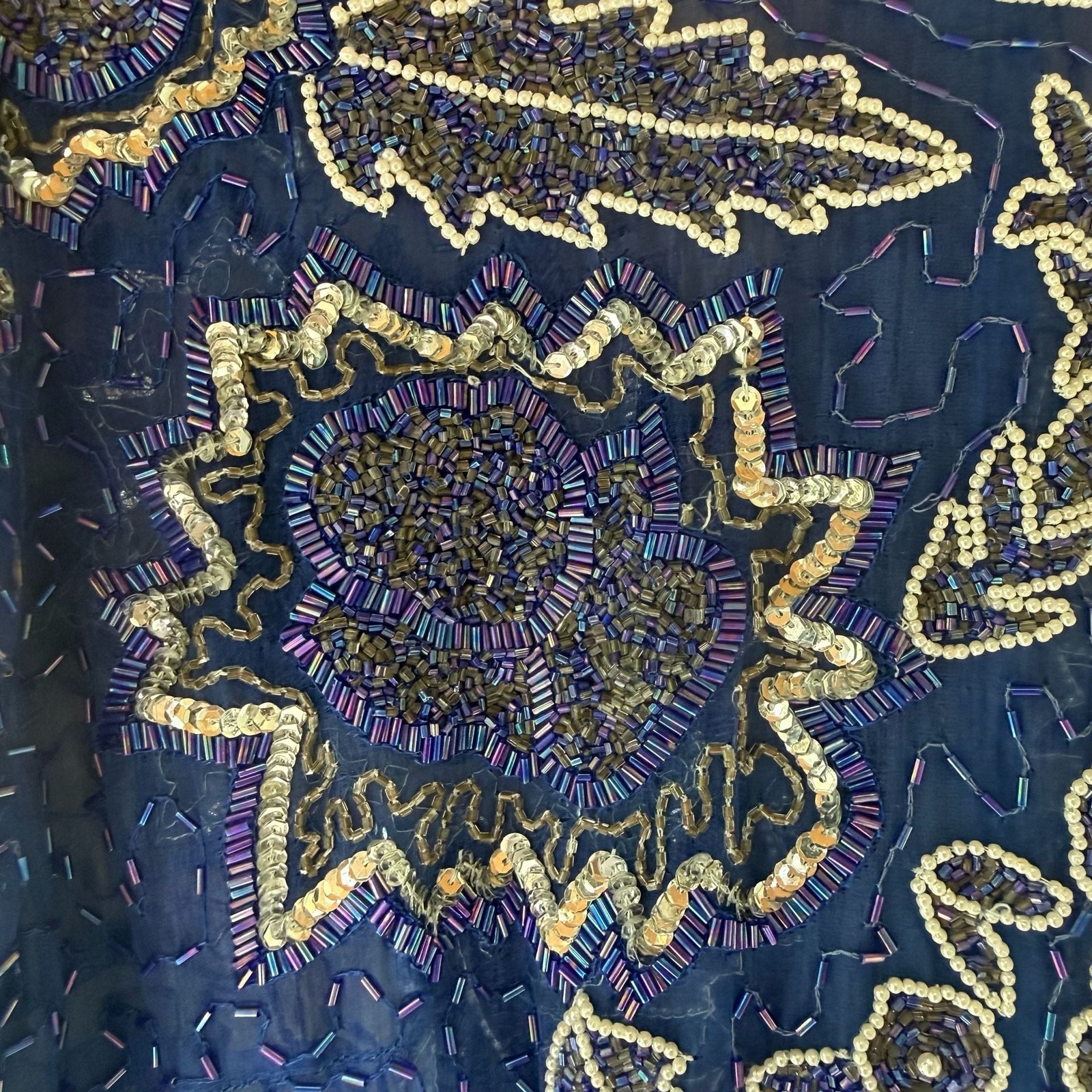 Vintage 100% Silk Beaded Evening Dress Gown Long Sleeve Royal Blue