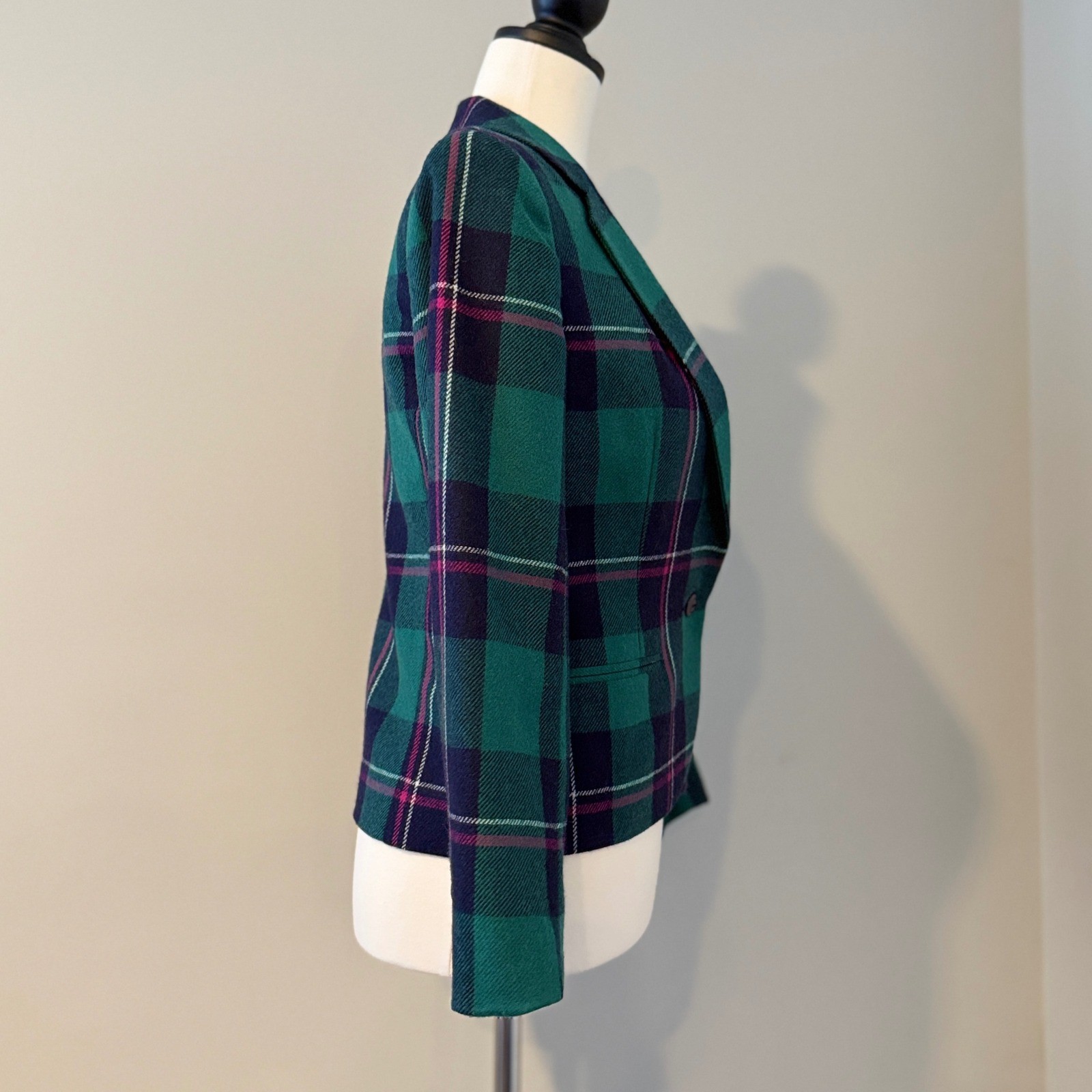 Vintage 80s Plaid Wool Blend Blazer – Teal Green Navy Pink – Petite Size 10