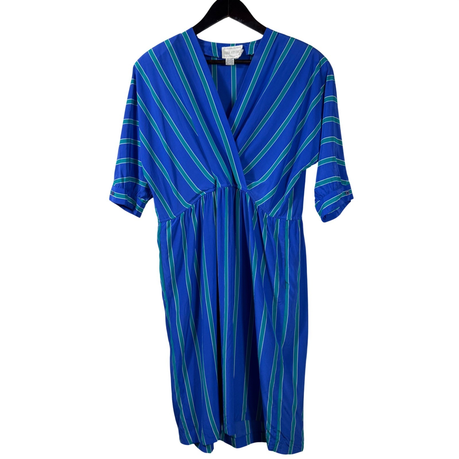 Vintage Silk Studio 100% Silk Striped Dress Blue Green Midi Size 14 Korea