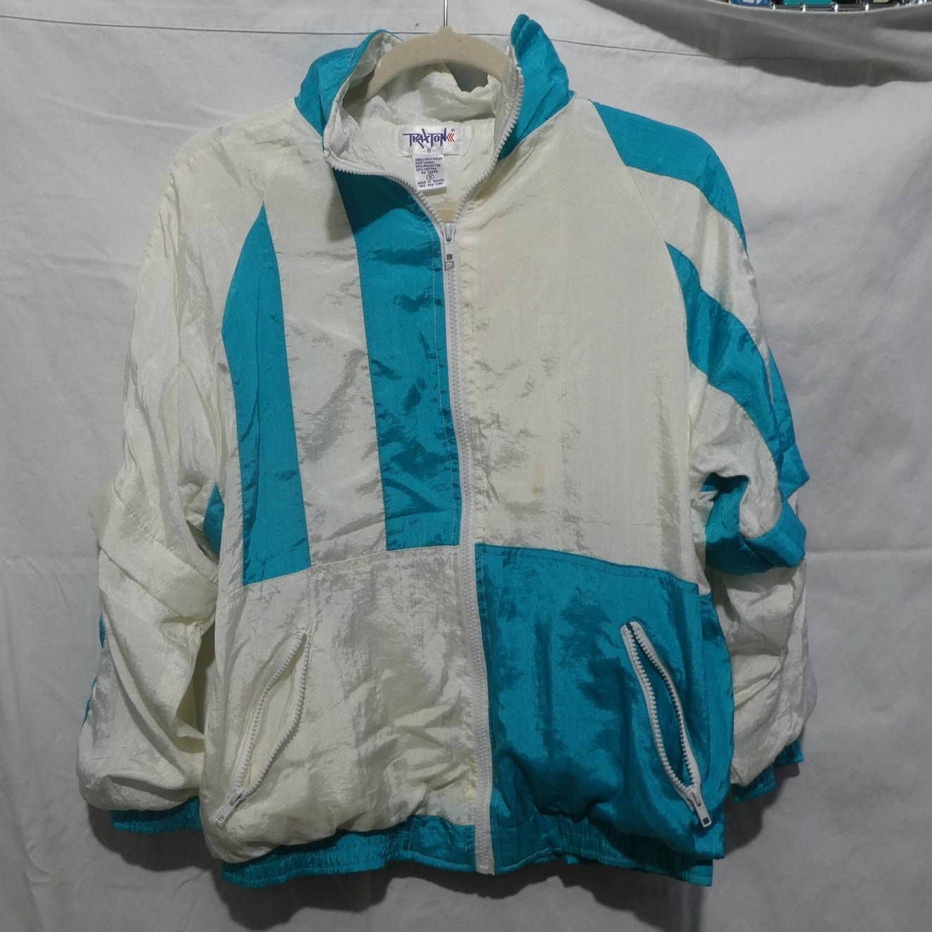 Traxton Windbreaker Jacket Womens Small Teal White 90s Vintage Colorblock Zip Up