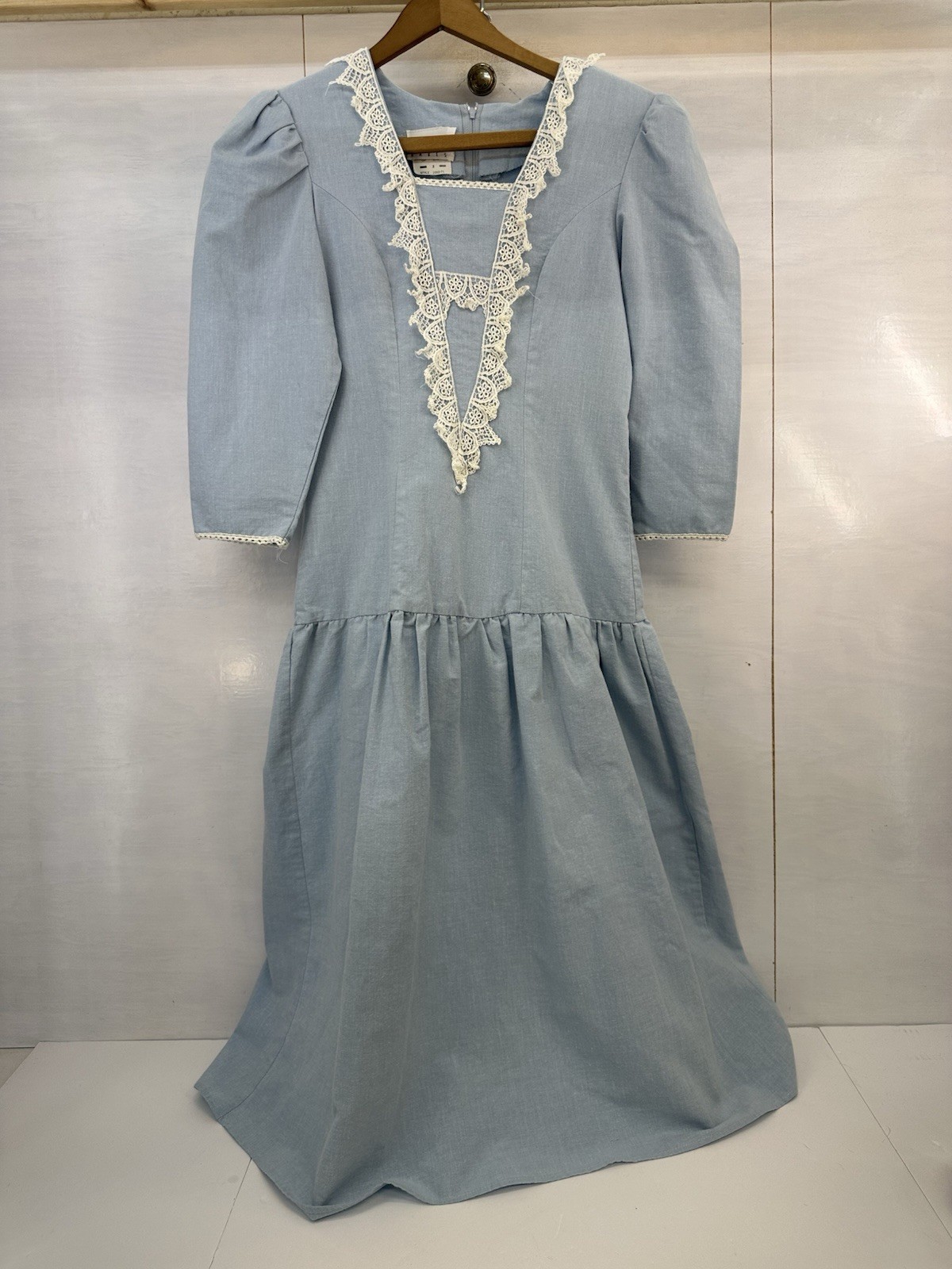 VTG You Too Babes Prairie Cottagecore Midi Dress Lace Blue USA 3 READ S-XS
