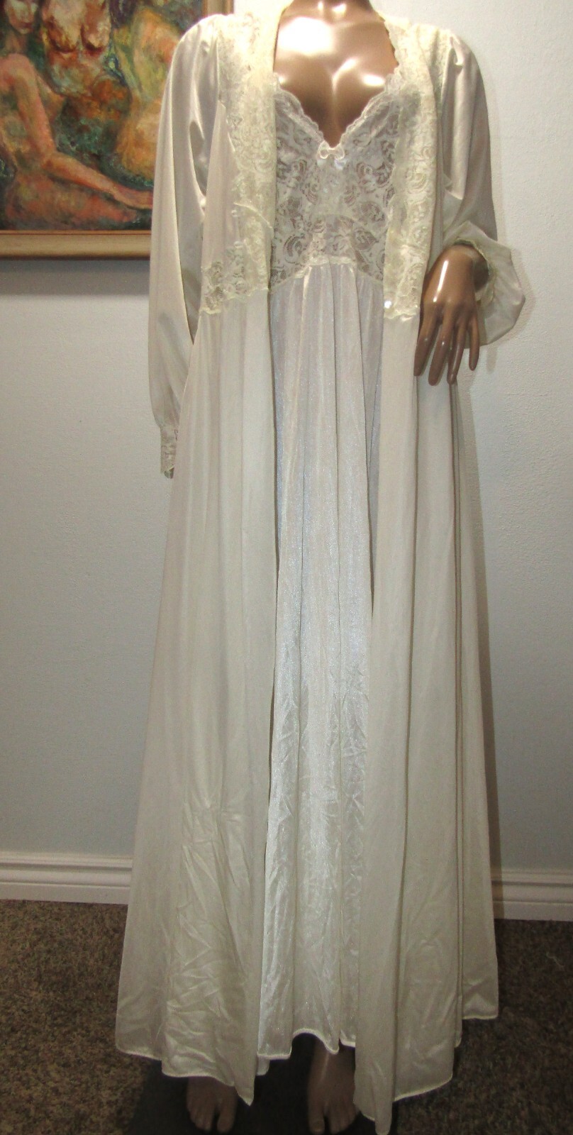 ShadowLine Vtg Olga Style Peignoir Ivory Lace Satin Long Maxi Gown Nightgown 1X