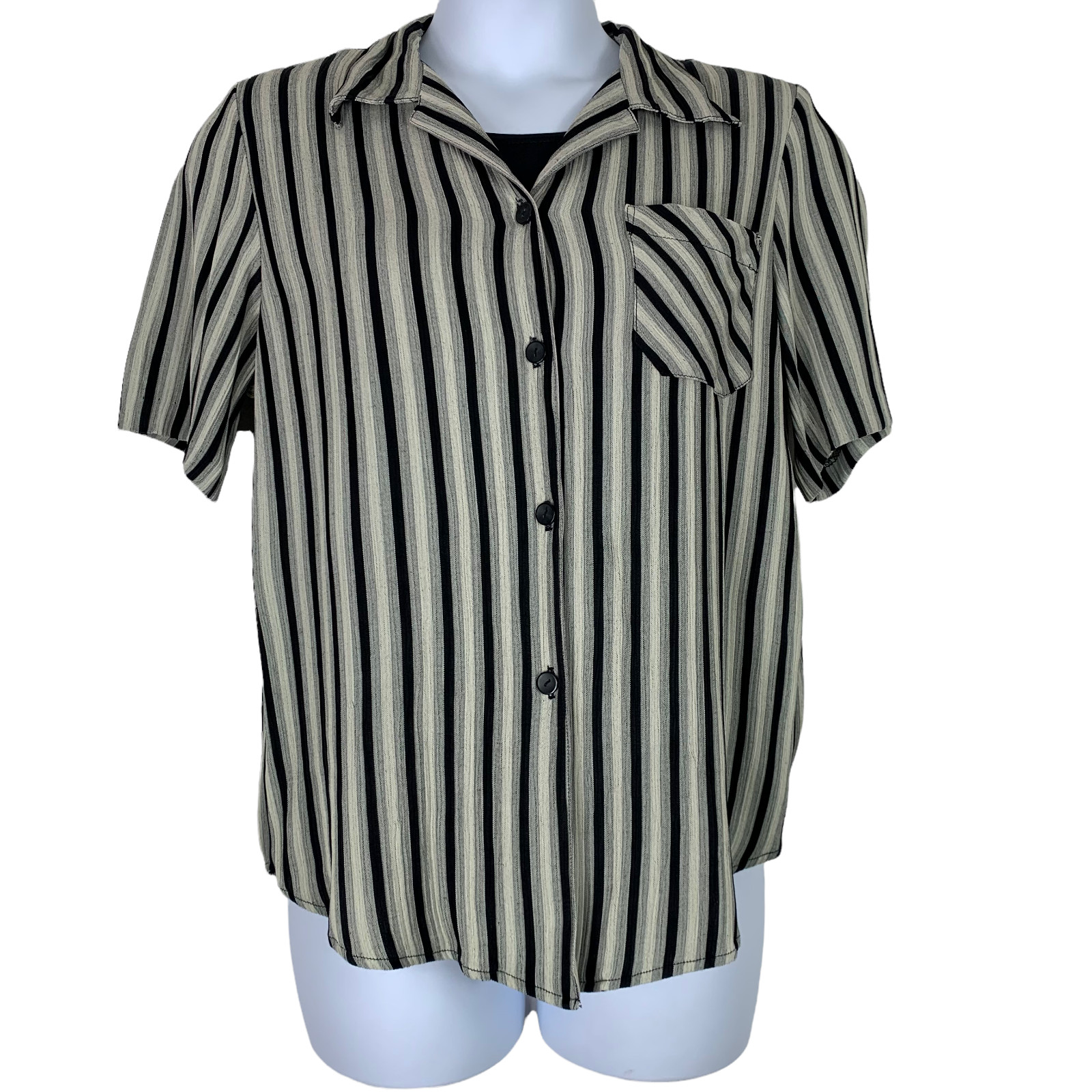 Vintage Blouse Size XL Striped Button Up Short Sleeve Shoulder Pads Gloria Lance