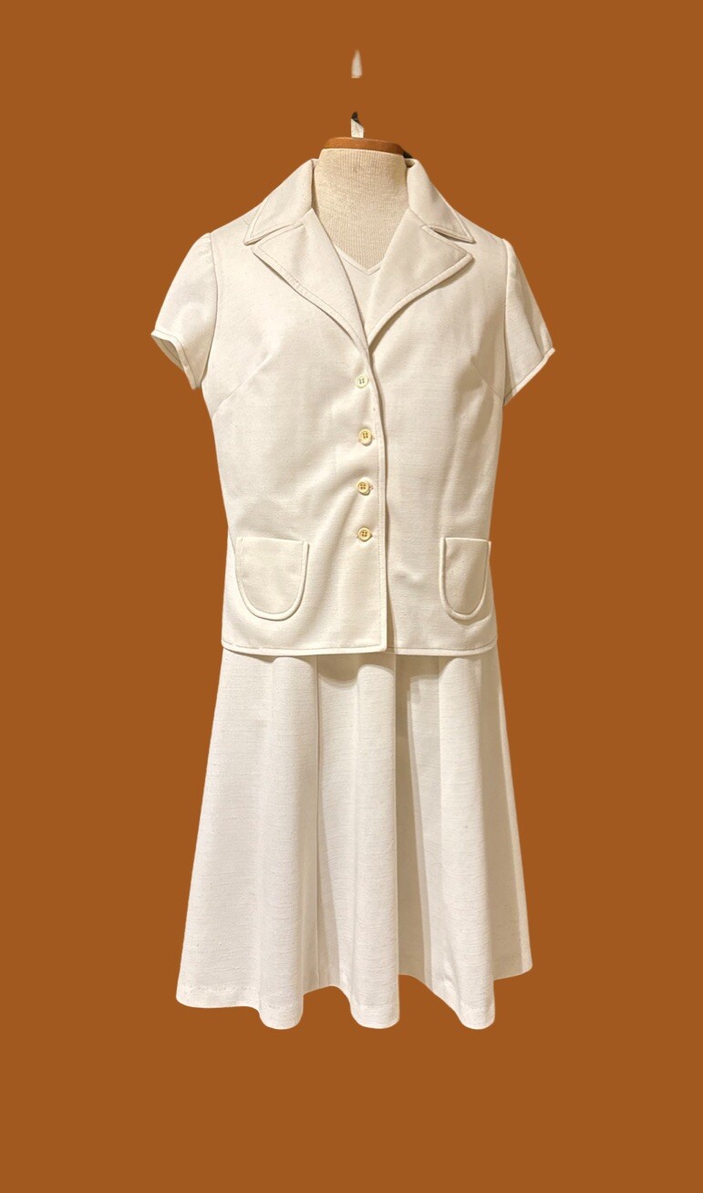 Vintage 70’s Knit Womens Dress Suit Set Brown Stitched Point Collar Haggar S/M