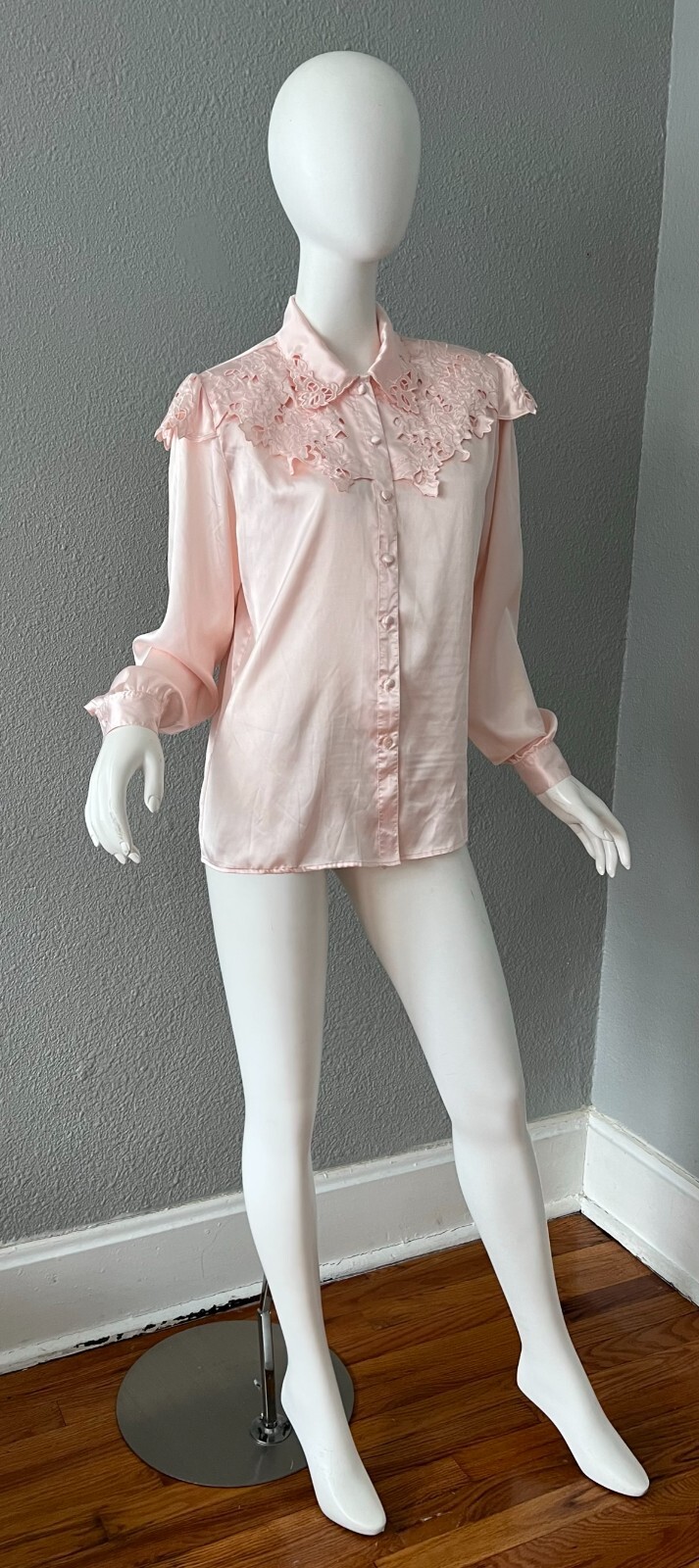 Vintage Light Pink Silky Liquid Satin Button Secretary Blouse Top M