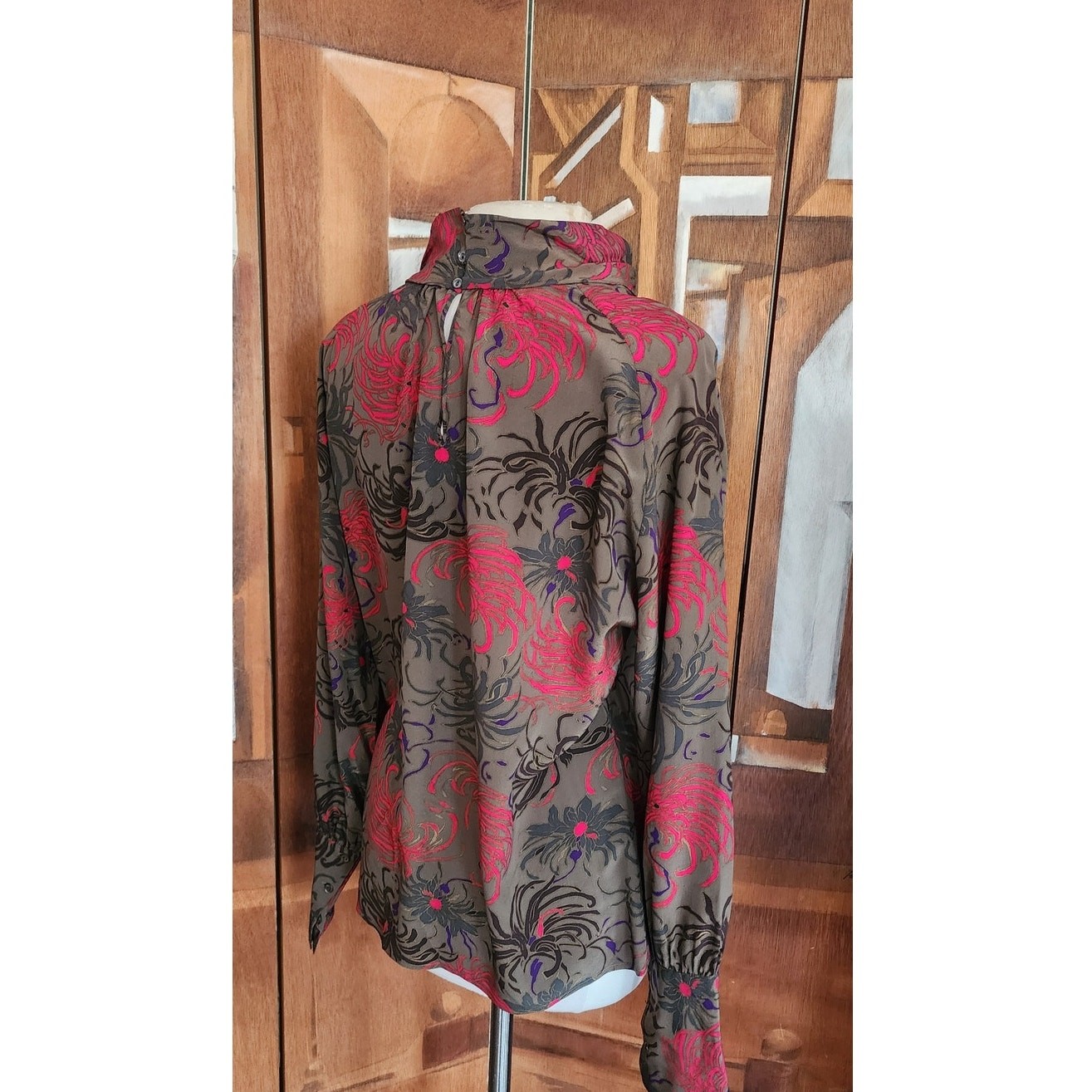 Vintage 80s CHLOE LAGERFELD Blouse Dark Floral Silk Blouse Long Sleeve Large