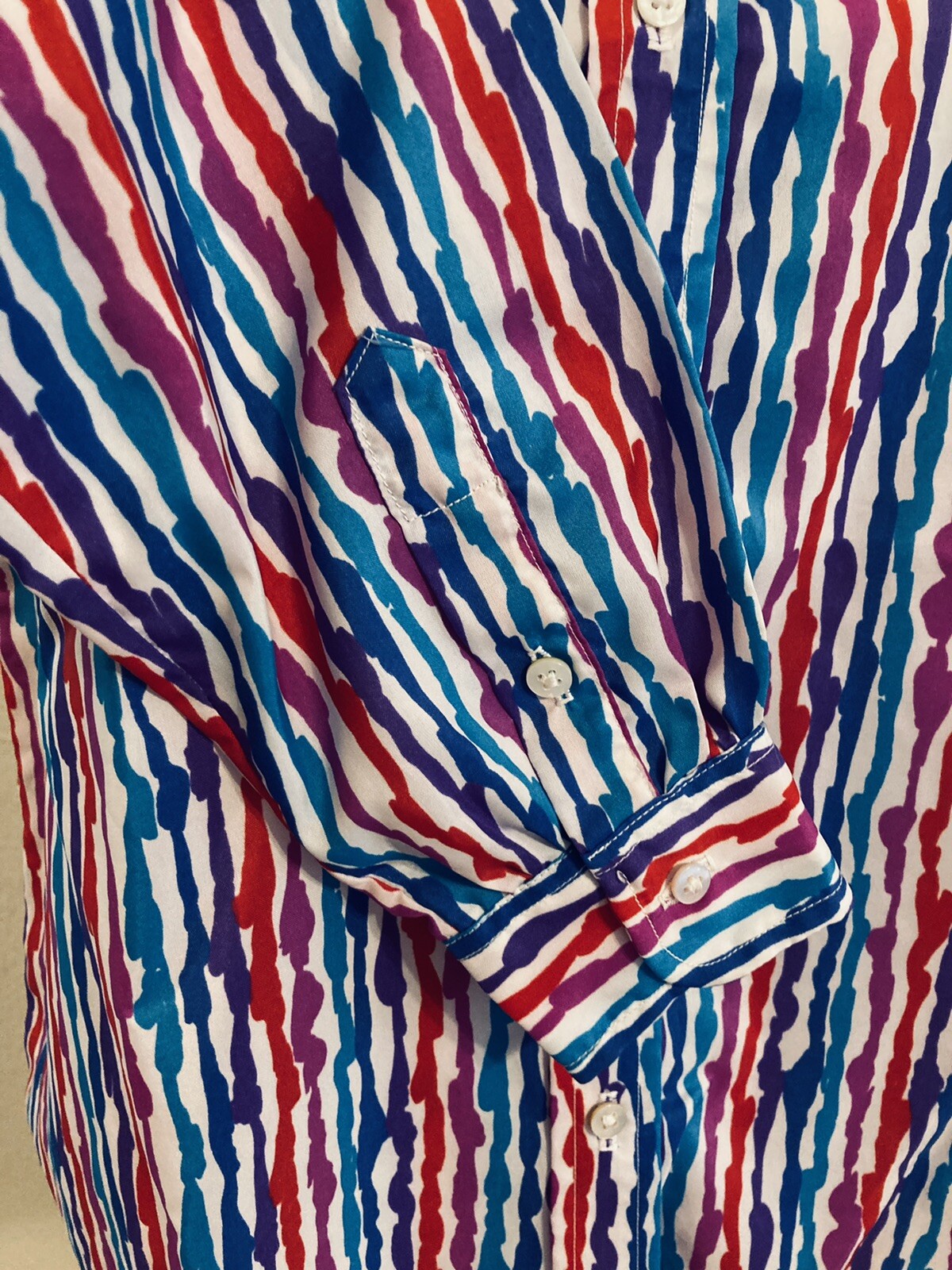 EVAN-PICONE Retro Secretary Vtg Blouse Multi Color Striped Button Up Poly 14 USA