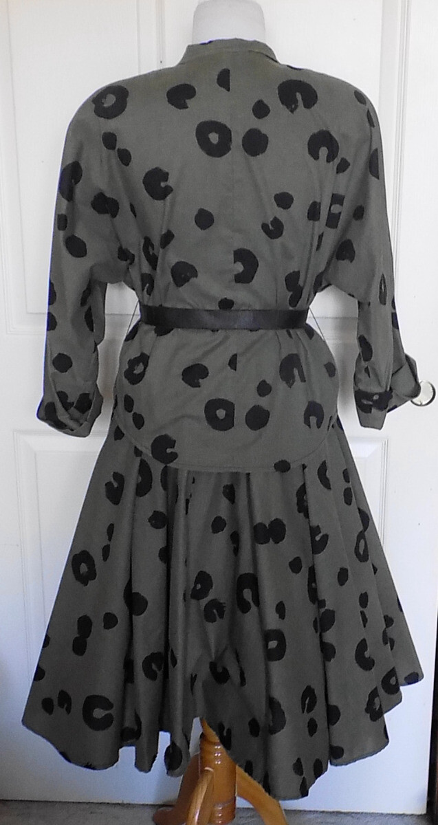 Vintage 80s Army Green Black Print Blouse Circle Skirt N.R. 1 by Ned Gould 12