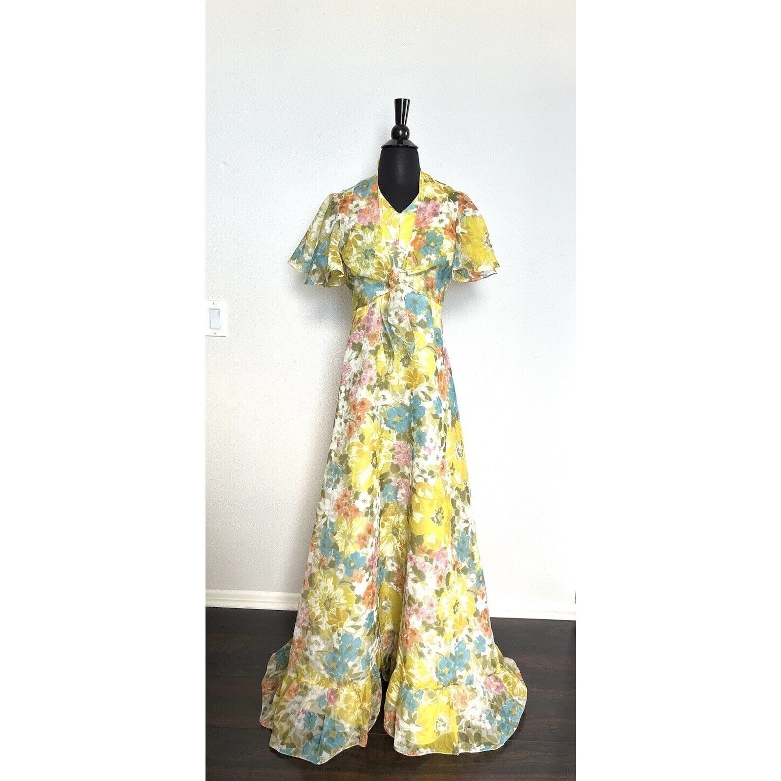 Vintage 70s Full Length Maxi Dress Sz M Fairycore Gown Floral USA Union Made