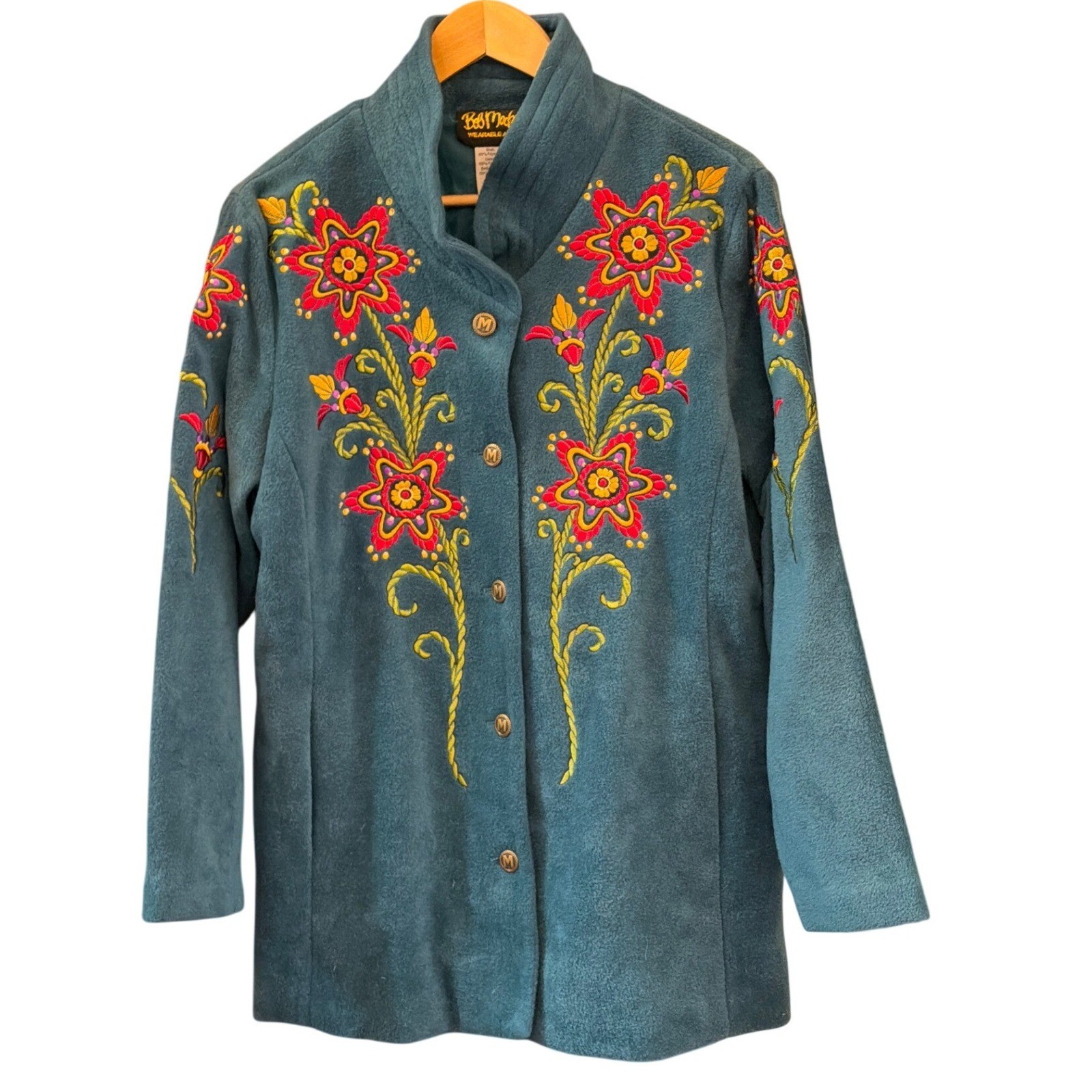Vintage Bob Mackie Wearable Art Jacket Embroidered Floral Teal Boho Maximalist