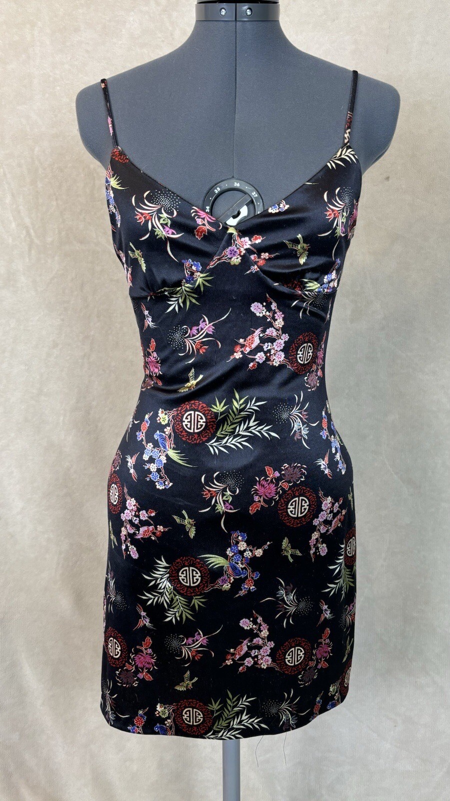 Vtg Y2K Slip Dress Black Oriental Pattern Hot Kiss Sz Small Lace Up Back