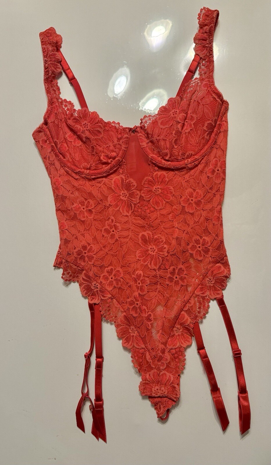 VTG 2000 Victoria’s Secret Red/Pink Stretch Lace Thong Bodysuit 34B Garters