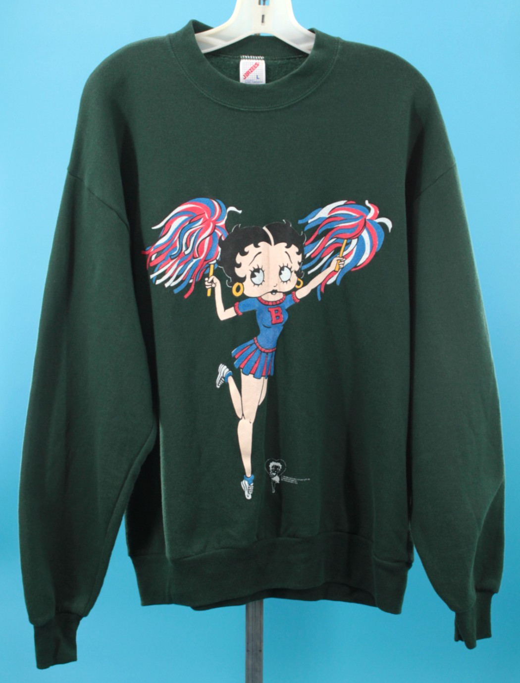 VTG Women’s 90s Dark Green Betty Boop Cheerleader Sweatshirt Sz L 1990s