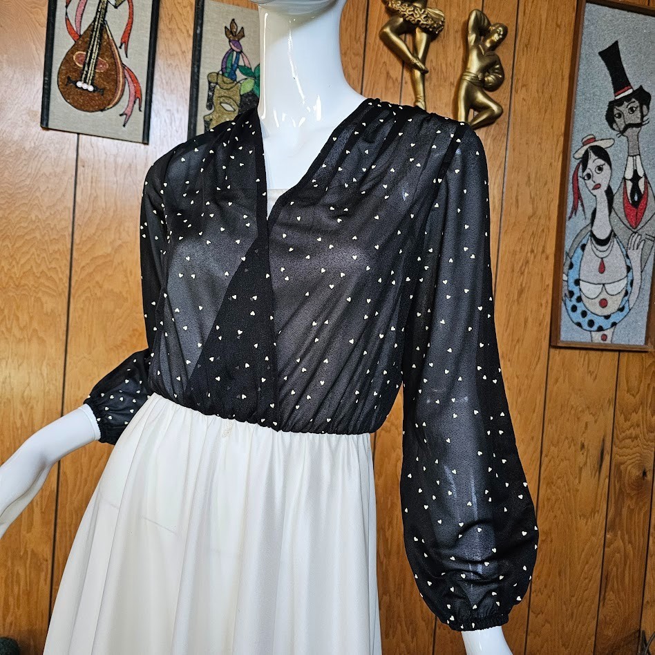 Vtg 70s Disco Hearts Print Bishop Sleeve Blouson Studio 54 Swing Dress XS/S/M