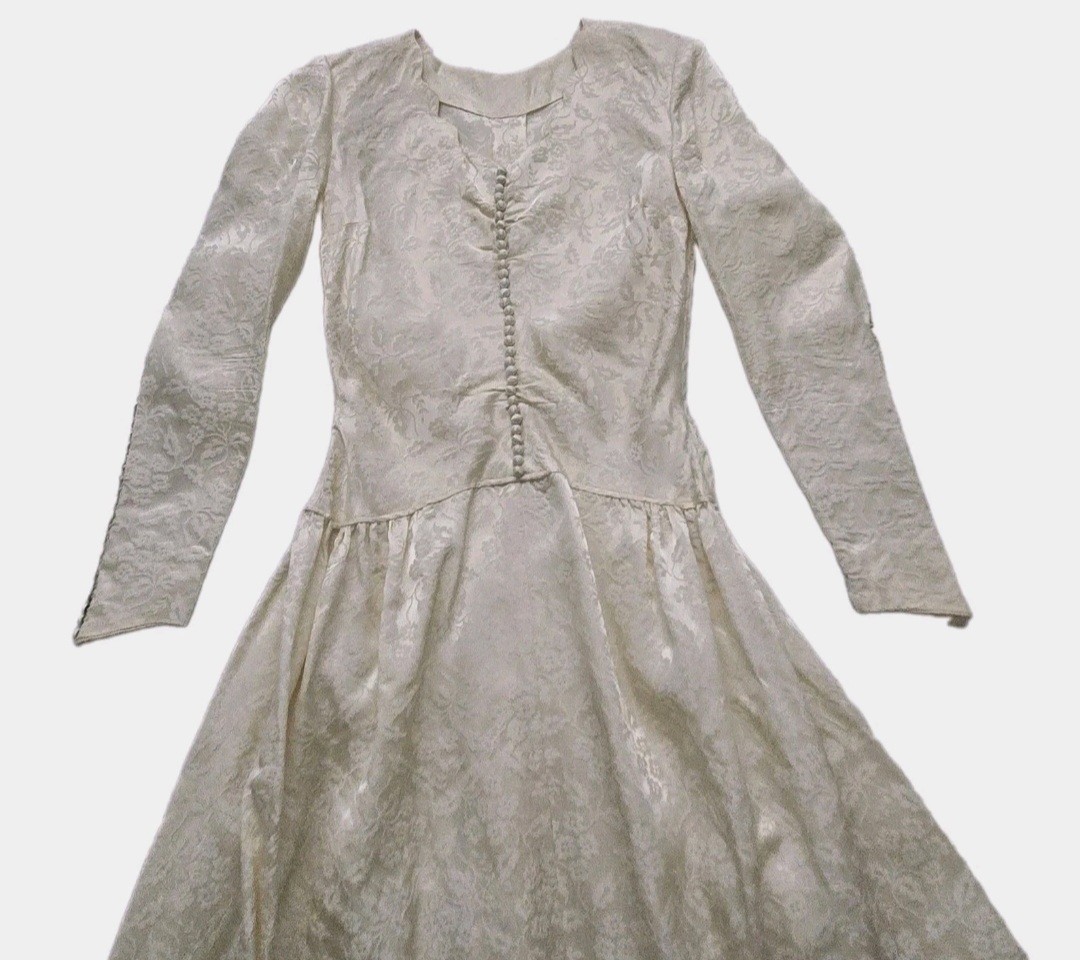 Vtg 80s Jacquard Ivory Floral Wedding Gown, Buttons, Romantic, XS, 0/2