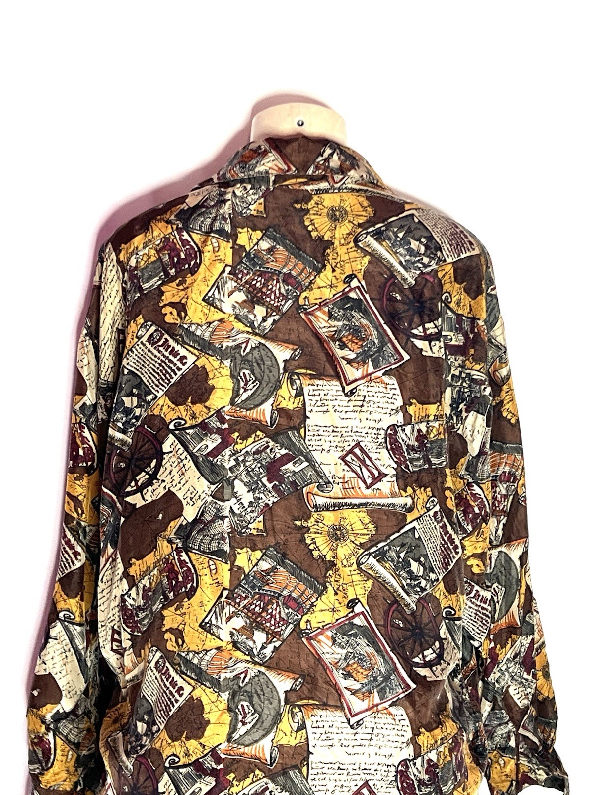 VINTAGE JACK MULQUEEN BROWN MULTI COLOR PRINT 100% SILK BLOUSE SIZE MED