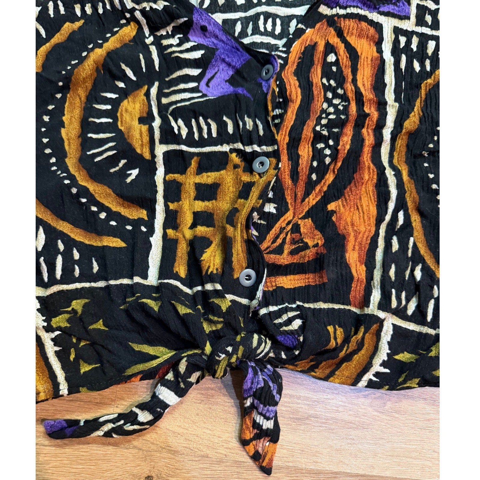 Options Melrose Top Black Abstract Print Vintage Boho Button Front Tie 90’s Y2K