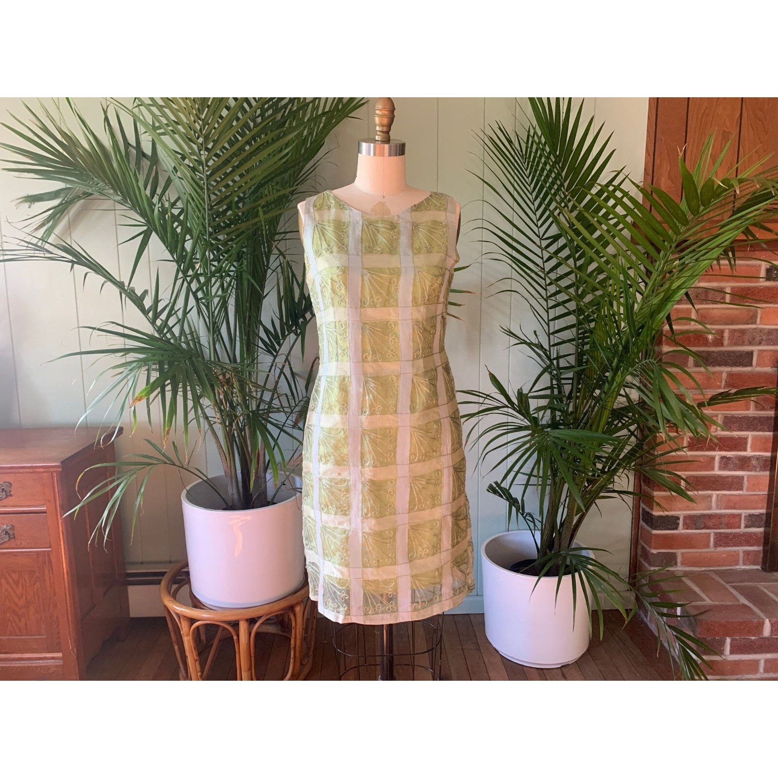 Vintage 1960s Chartreuse Green Silk Sheer Embroidered Organza Sheath Dress