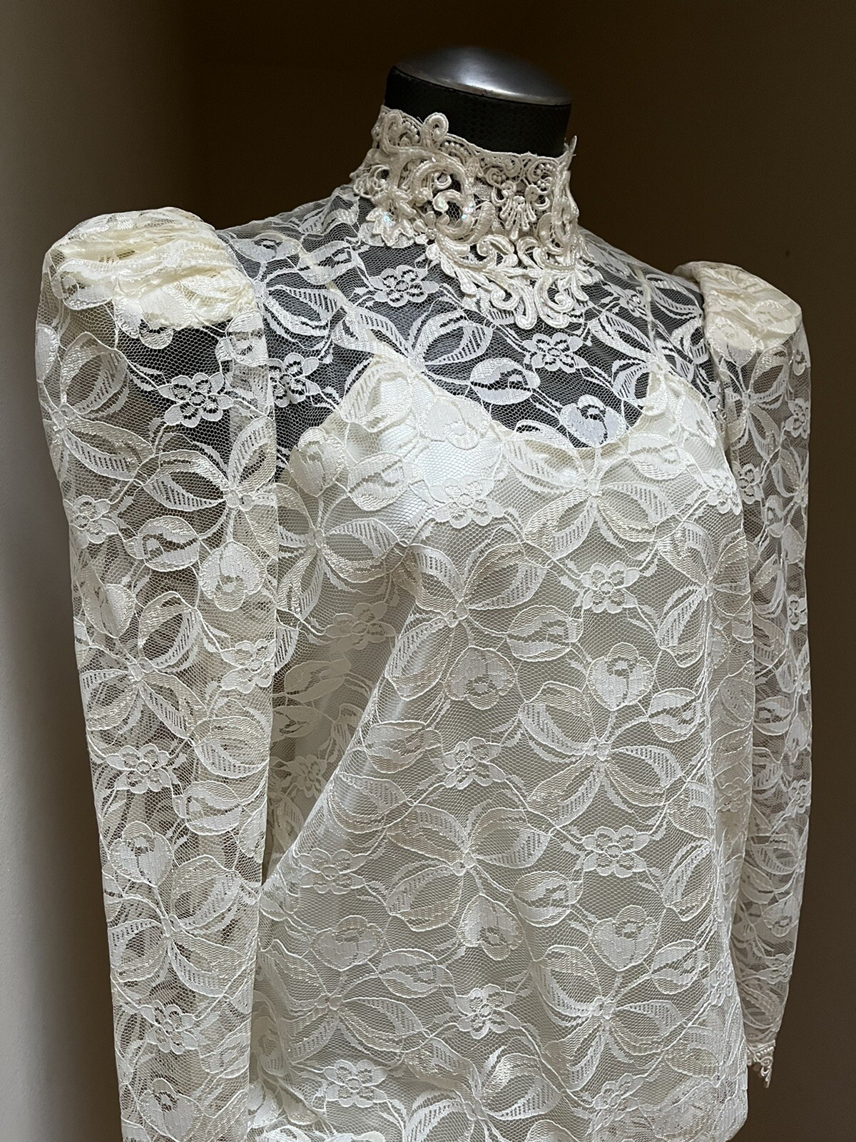 Vtg Lace Dress Victorian Style Drop Waist Midi High Collar Sequin SMALL