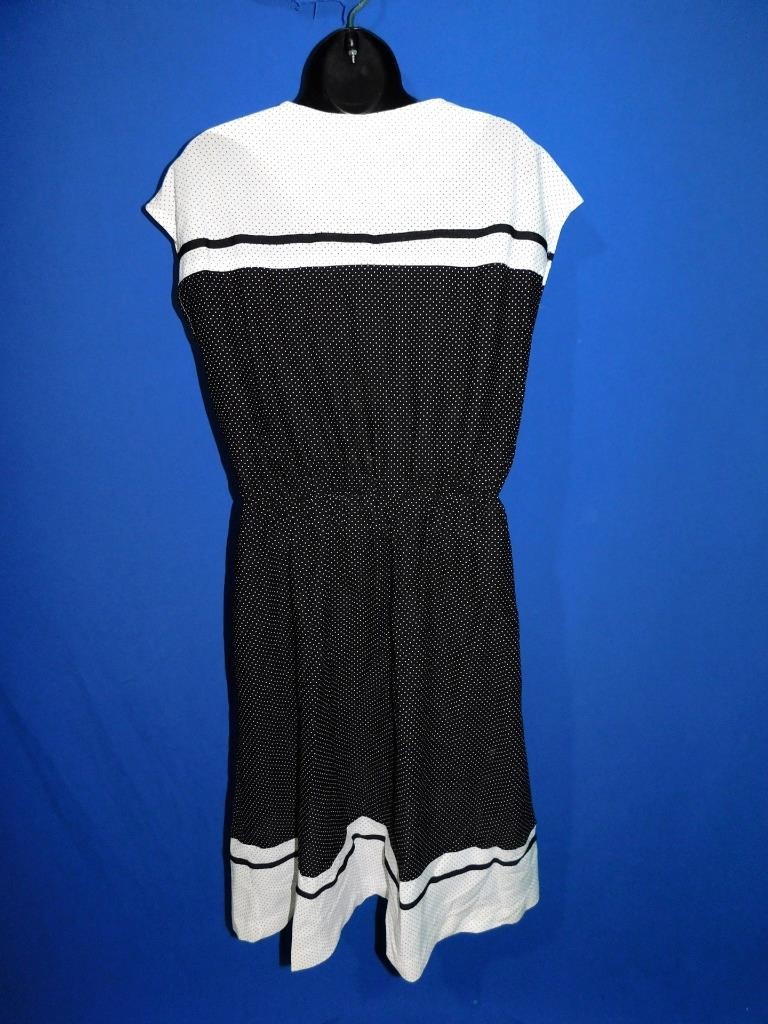 Vintage Sears S M Black White Polka Dot Stripe Shift Dress Short Cap Sleeve Knee