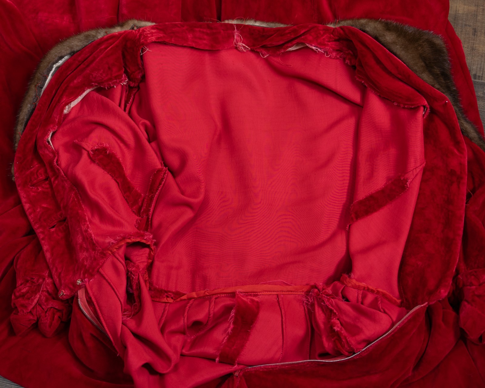 40s/50s Red Velvet Dressing Gown/Hostess Dress, Mink Trim Glam Loungewear, Small