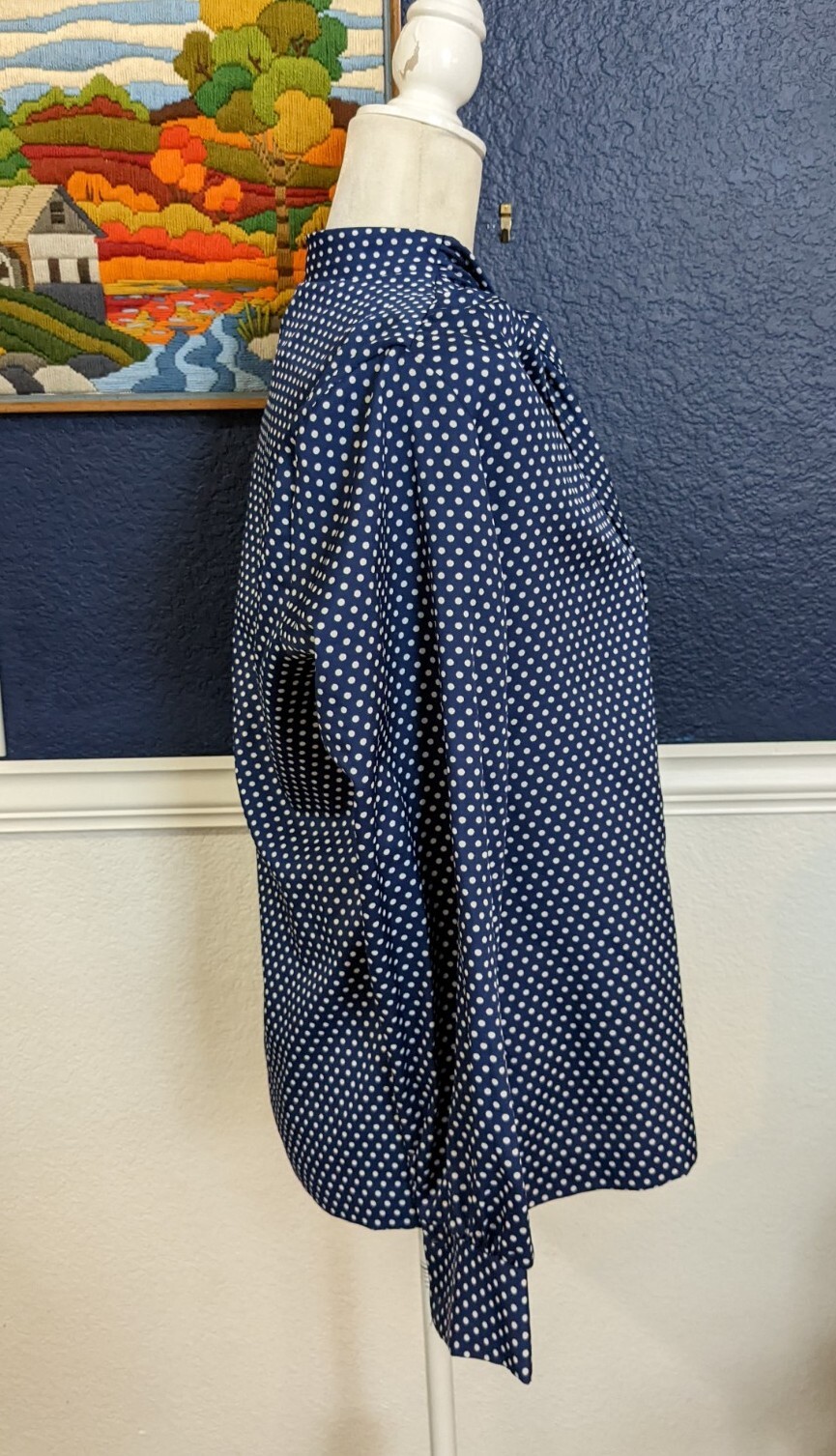 VTG 1970s Lee Mar Necktie Button Blouse Shirt Blue Polka Dot Sears Sz 14 Large L