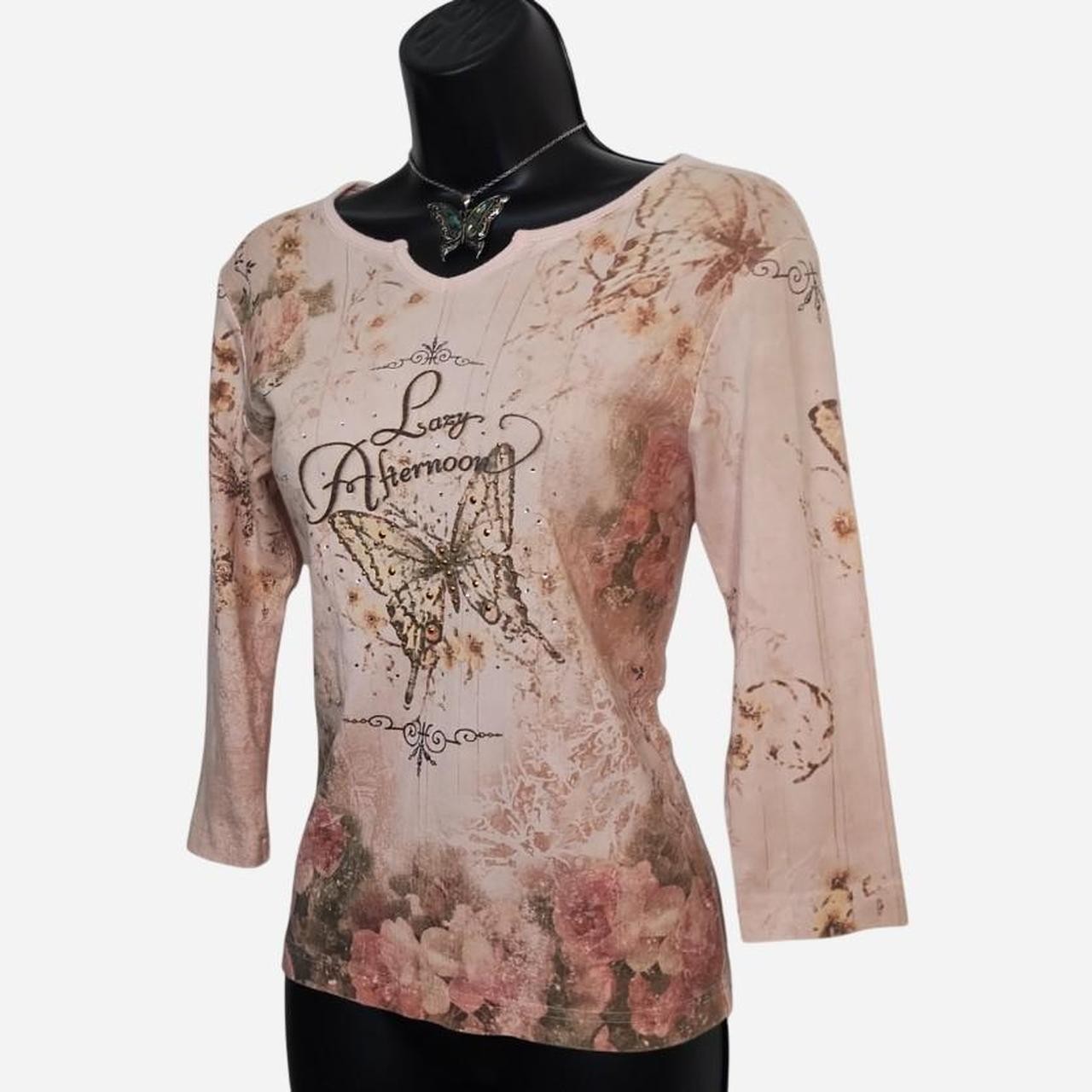 vintage y2k french art nouveau tee butterfly rhinestone rose aop whimsical sz s