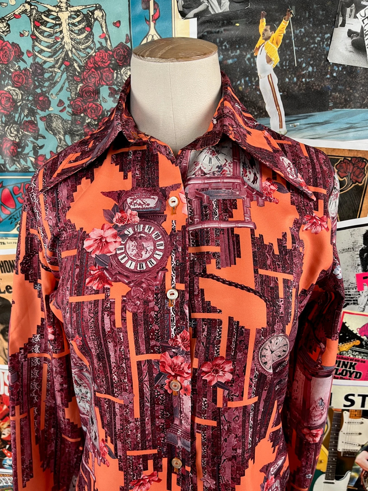 Vtg 60s-70s Gino Rossi Chinoiserie Baroque Clocks Novelty Print Blouse XS Disco