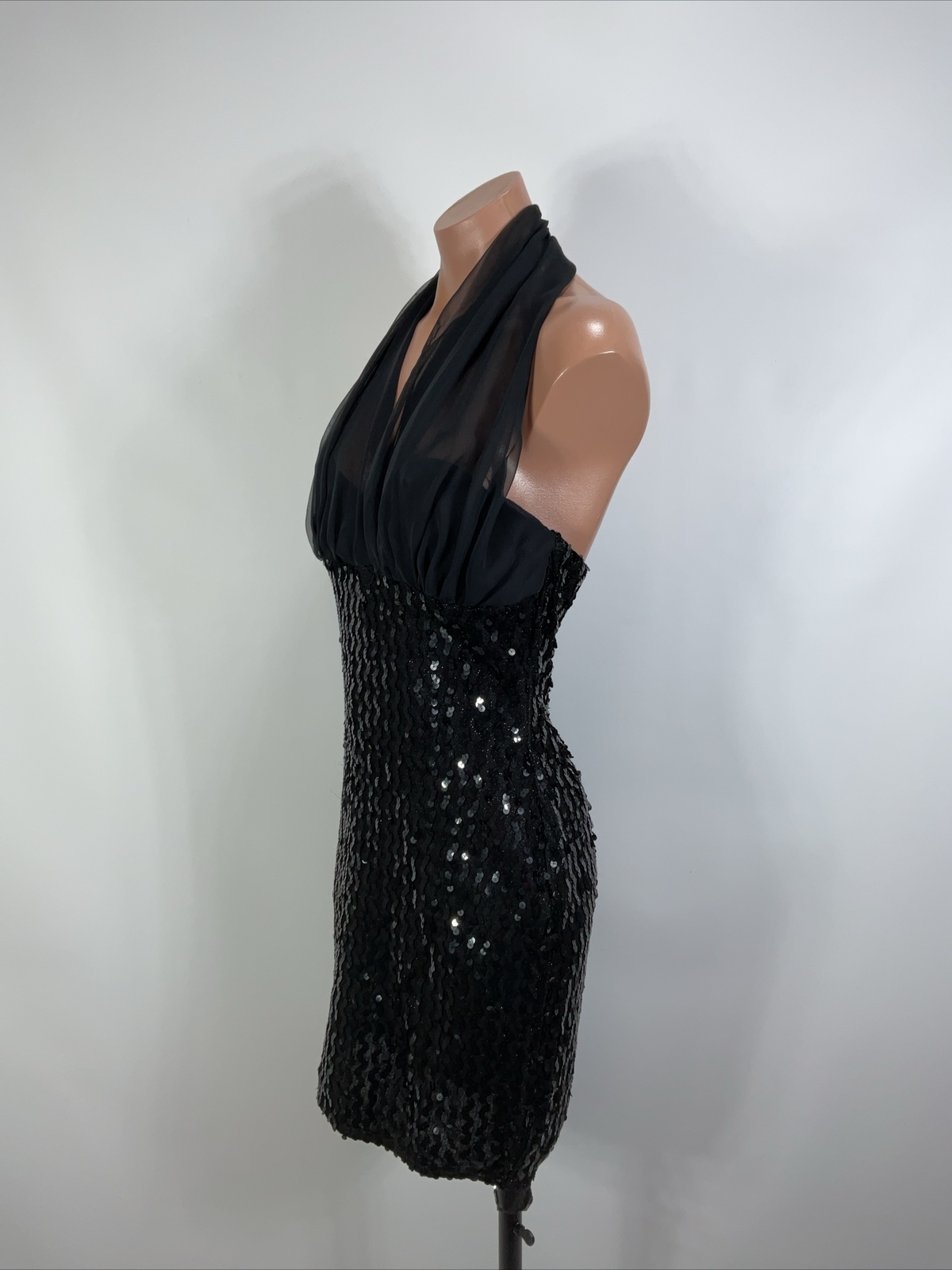 Vintage 90s L.A. Glo Sequin Black Metallic Chiffon Halter Disco Mini Dress 7/8