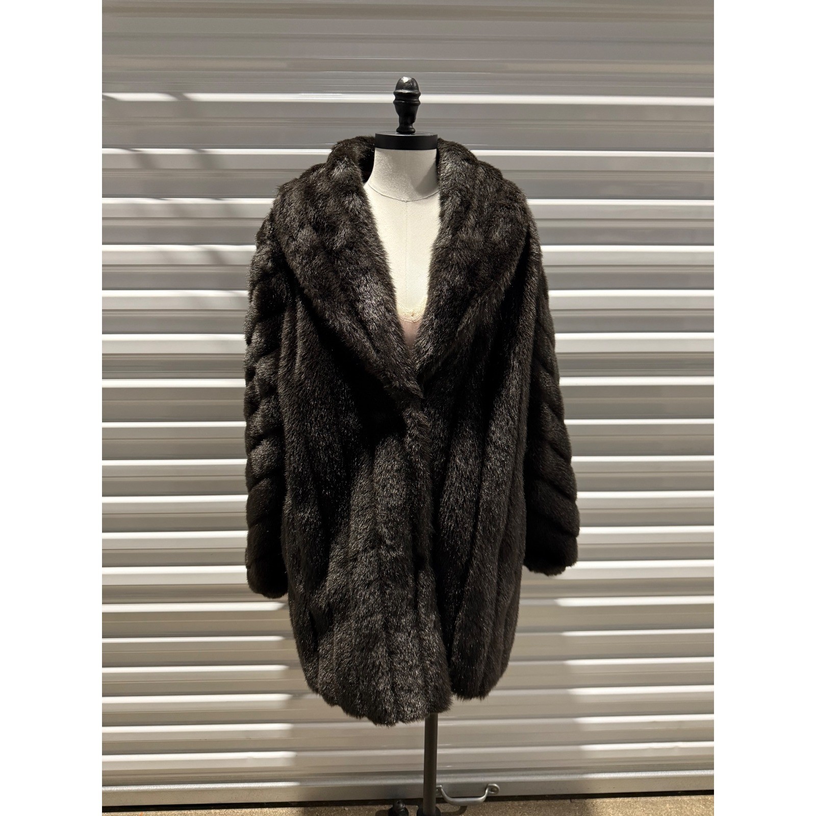 Vintage Monterey Fashions Faux Fur Coat Brown Shawl Collar Made in USA Size 16
