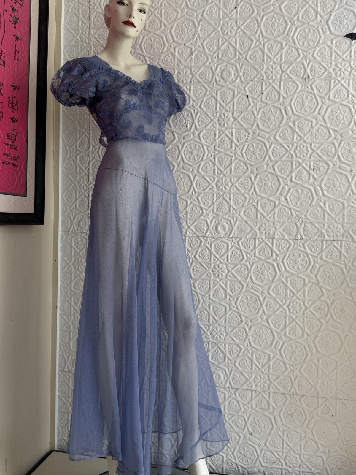 vintage 1930s net mesh gown-Blue-Periwinkle lace femme romance antique dress s/m