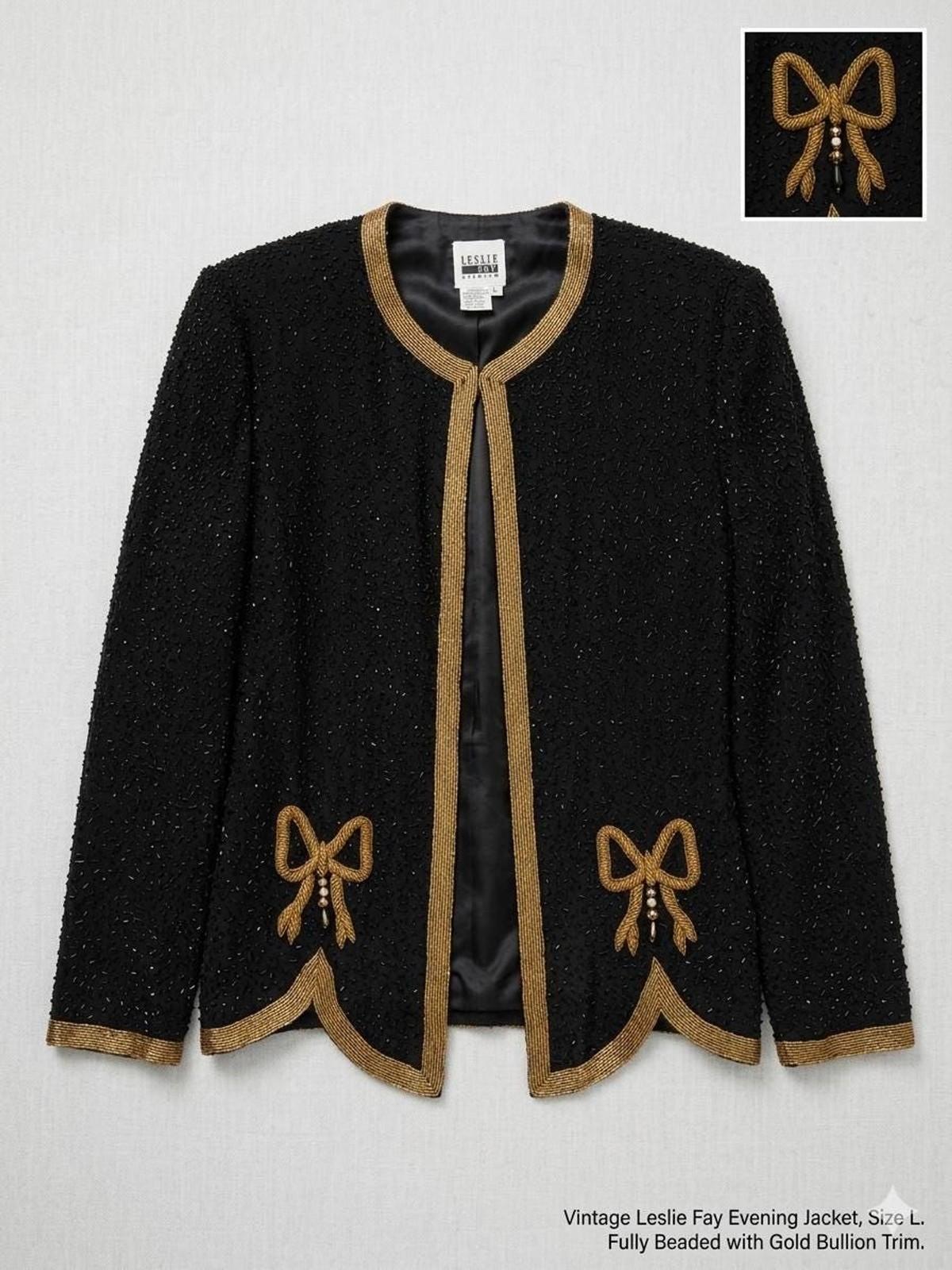 Vintage Leslie Fay Evenings Black Silk Beaded Gold Bow Jacket Size L