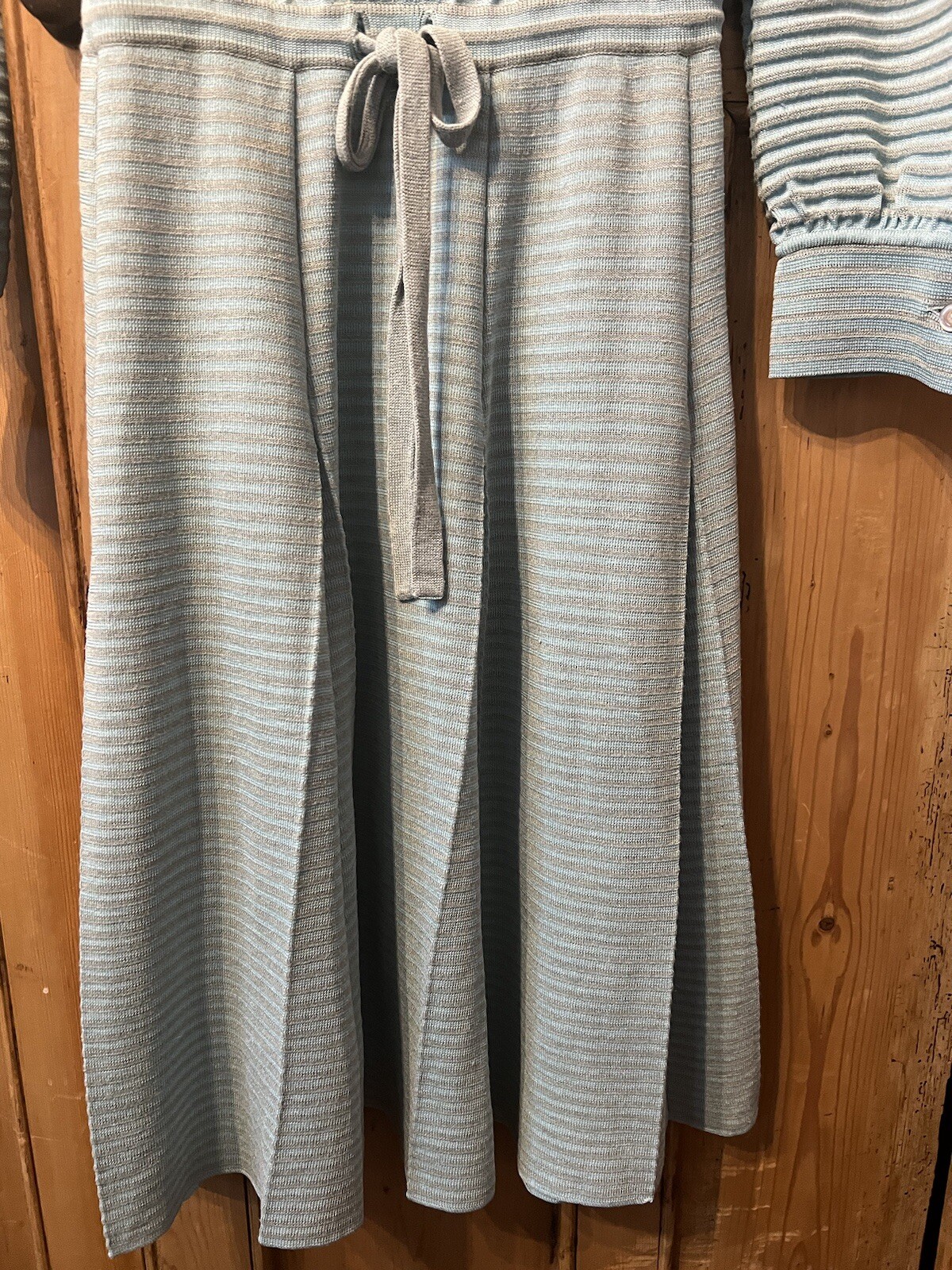 Vintage Nylon Knit Sky Blue/Grey Stripe Dress 50’s Lg Pleat W/ Draw String Waist