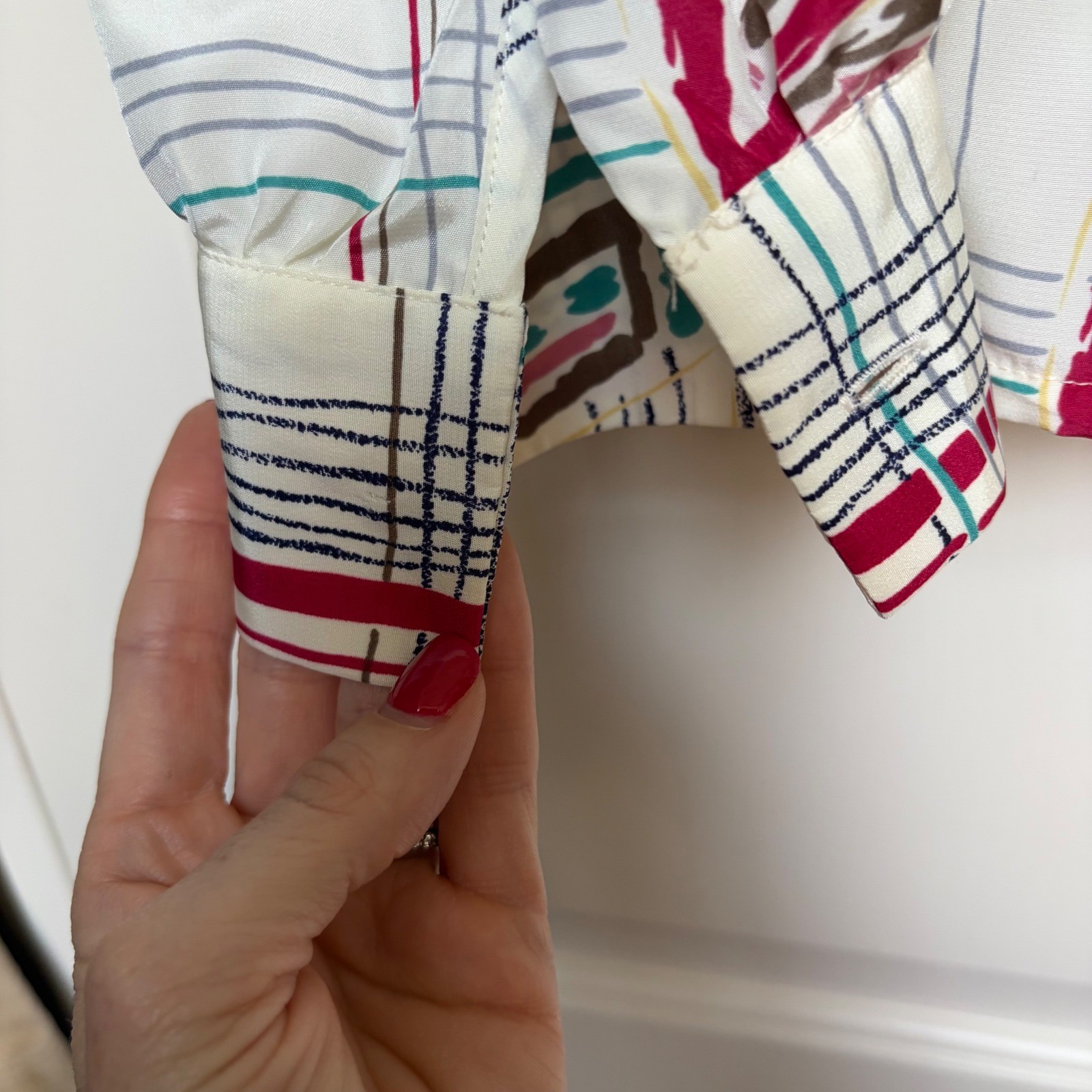 Bleyle Vintage 80s Geometric Grid Abstract Button Down Blouse White Red 12 READ