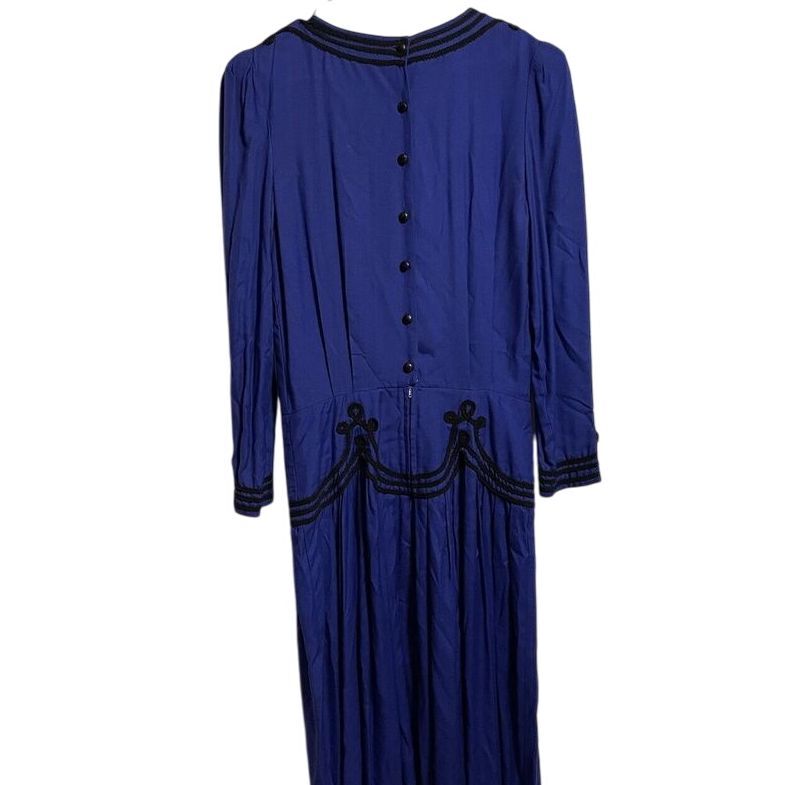 Vtg Sarah Elizabeth Sapphire Blue Long Dress Black Cord Detail Button Back Sz 12