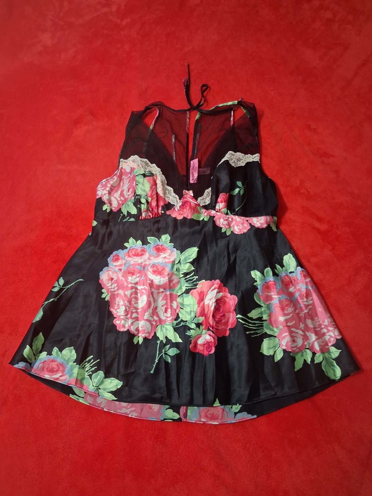 Betsey Johnson Large Cami Top Lingerie Vintage Nylon Black Floral Pretty