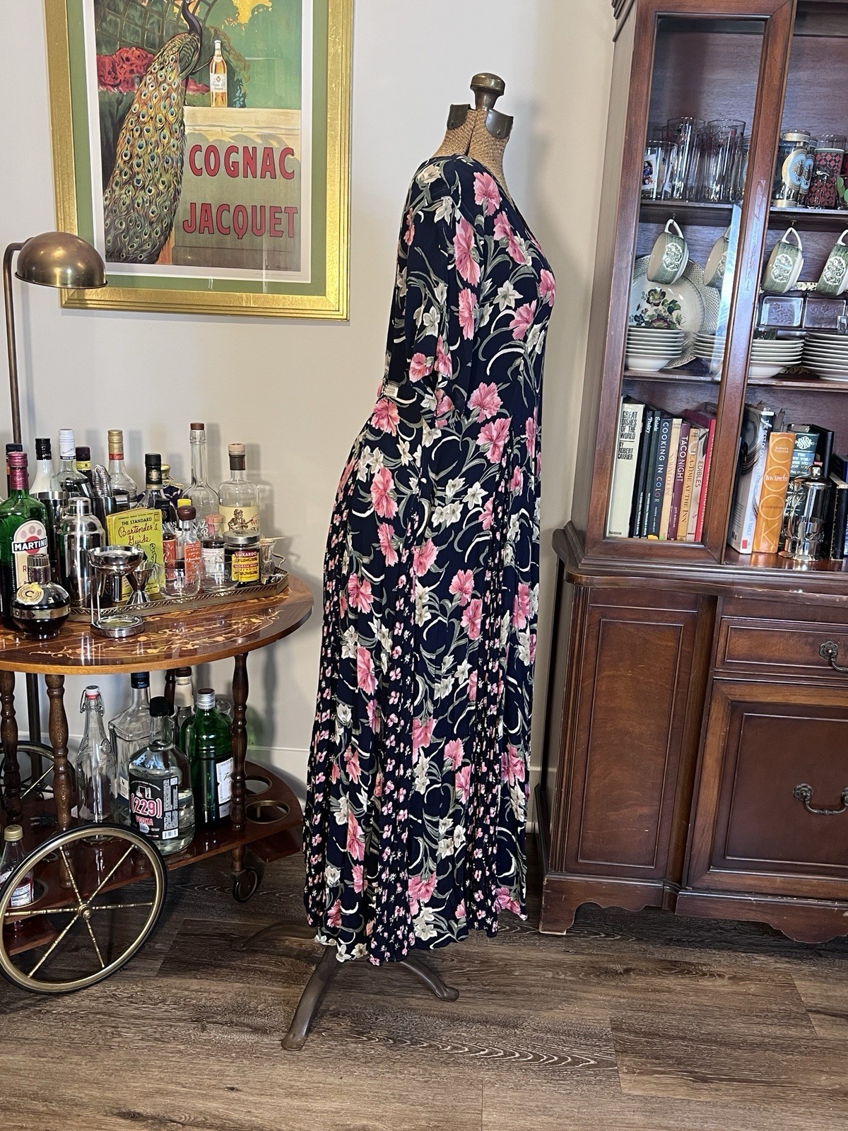 Vintage 80s Starina Navy and Pink Floral Maxi Godet Dress