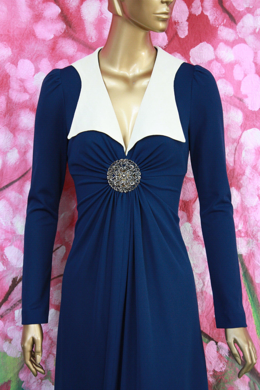 Vtg 70s Boho Hippie Ruched Maxi dress Blue Cutout Medallion CORKY CRAIG XS S/M